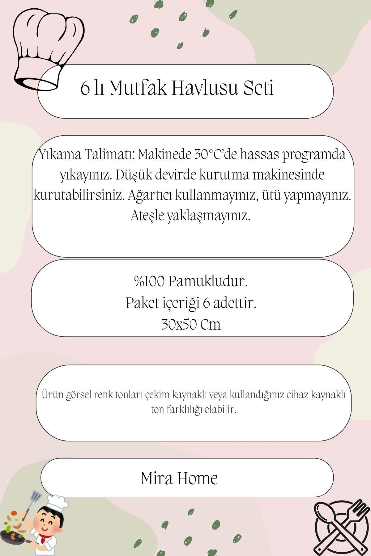 6'lı Mutfak Havlusu Seti 30x50 cm %100 Pamuklu Derya