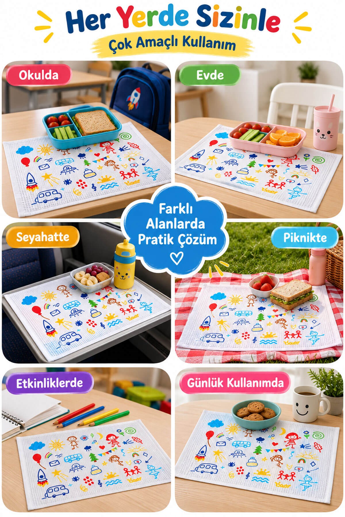 6'lı Okul Beslenme Örtüsü 35x50 cm Pamuklu Yıkanabilir Happykids