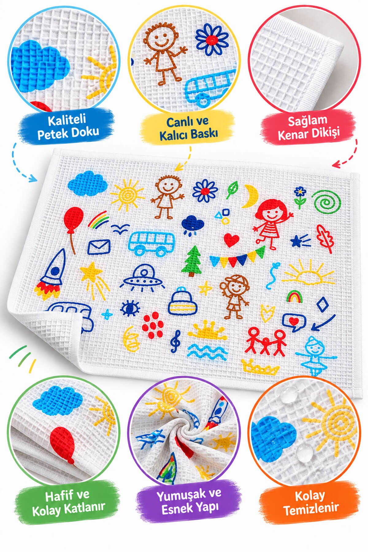 6'lı Okul Beslenme Örtüsü 35x50 cm Pamuklu Yıkanabilir Happykids