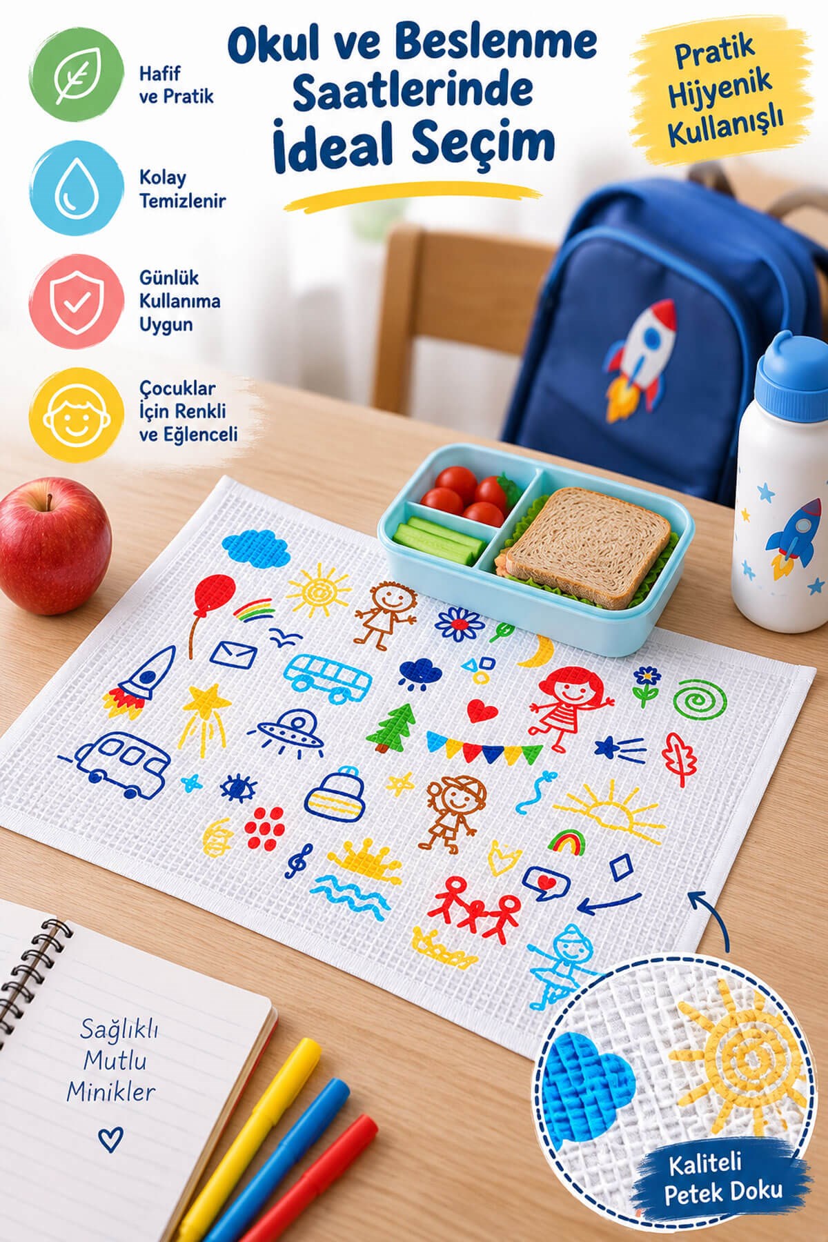 6'lı Okul Beslenme Örtüsü 35x50 cm Pamuklu Yıkanabilir Happykids