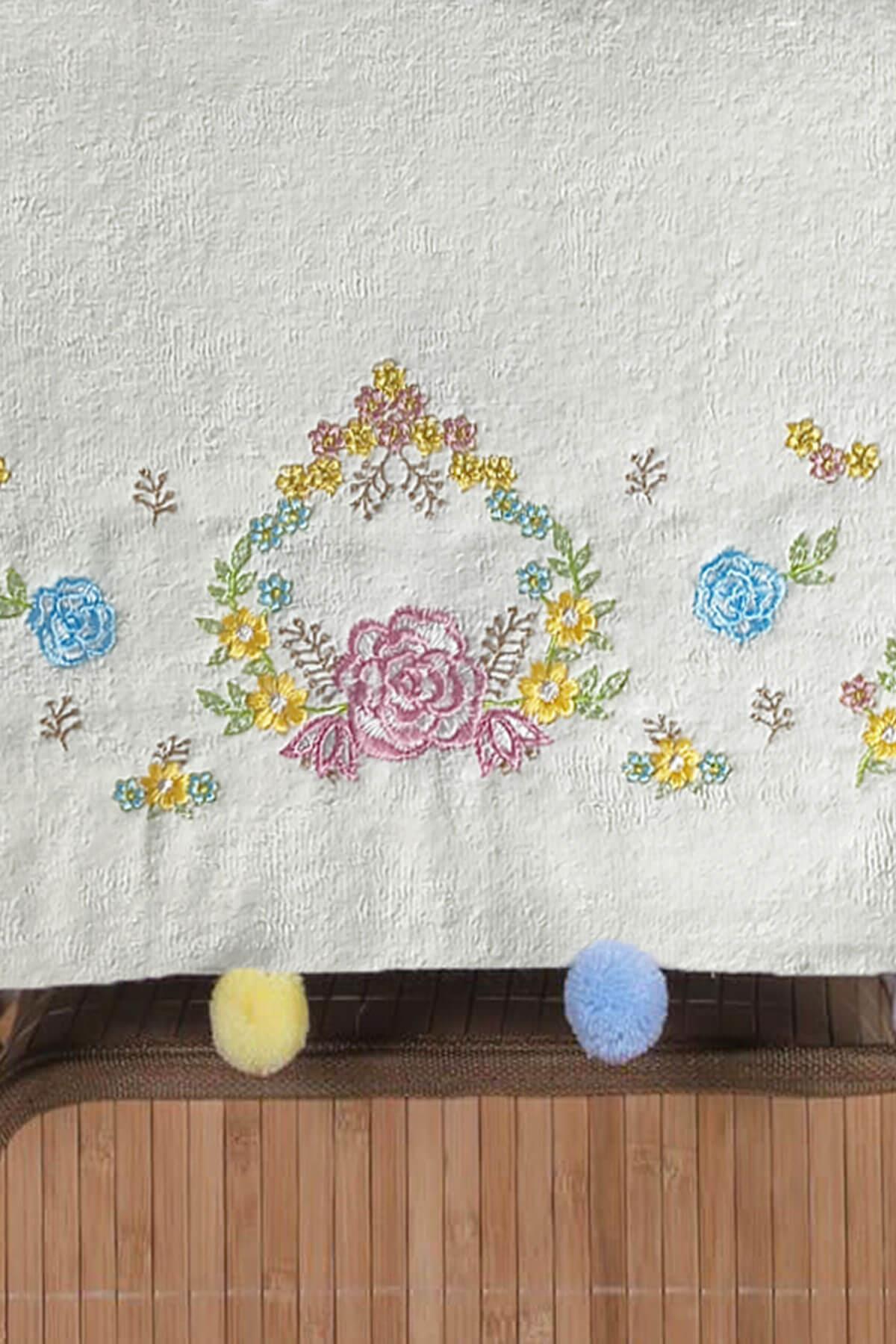 Çeyizlik 6'lı Renkli Ponponlu Çiçek Nakışlı El Yüz Havlusu Seti 50x90 cm