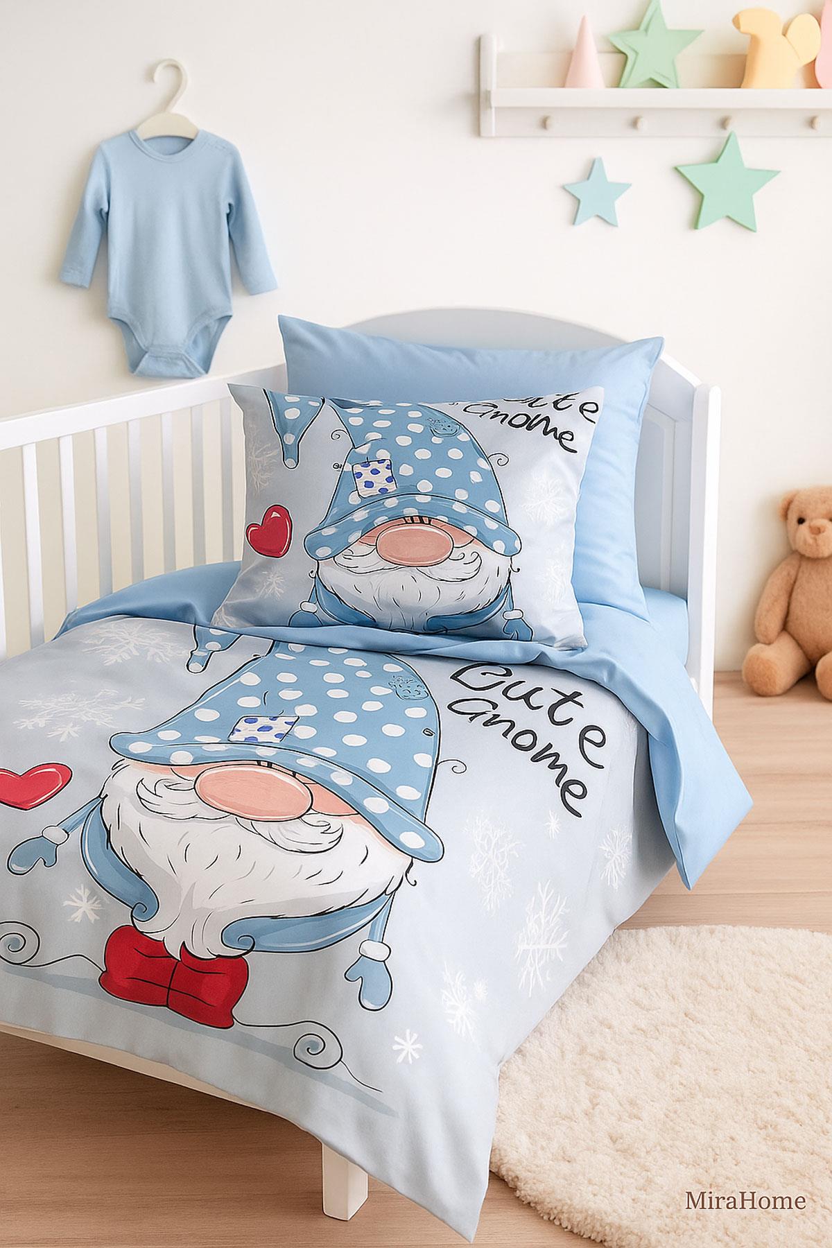 Dijital Baskılı 3d Pamuklu Yenidoğan Bebek Nevresim Takımı Cute Gnome Blue