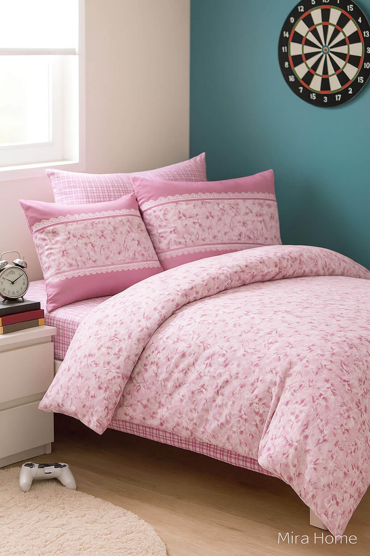 Pembe Çiçek Desenli Pamuklu Tek Kişilik Nevresim Takımı