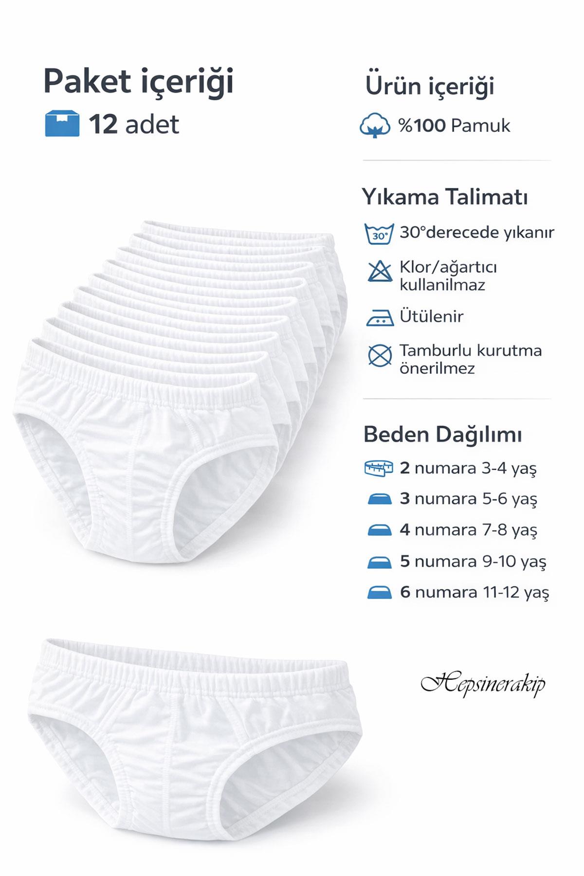 Seher Erkek Çocuk Beyaz Slip Külot 12'li Paket %100 Pamuk SEC0037