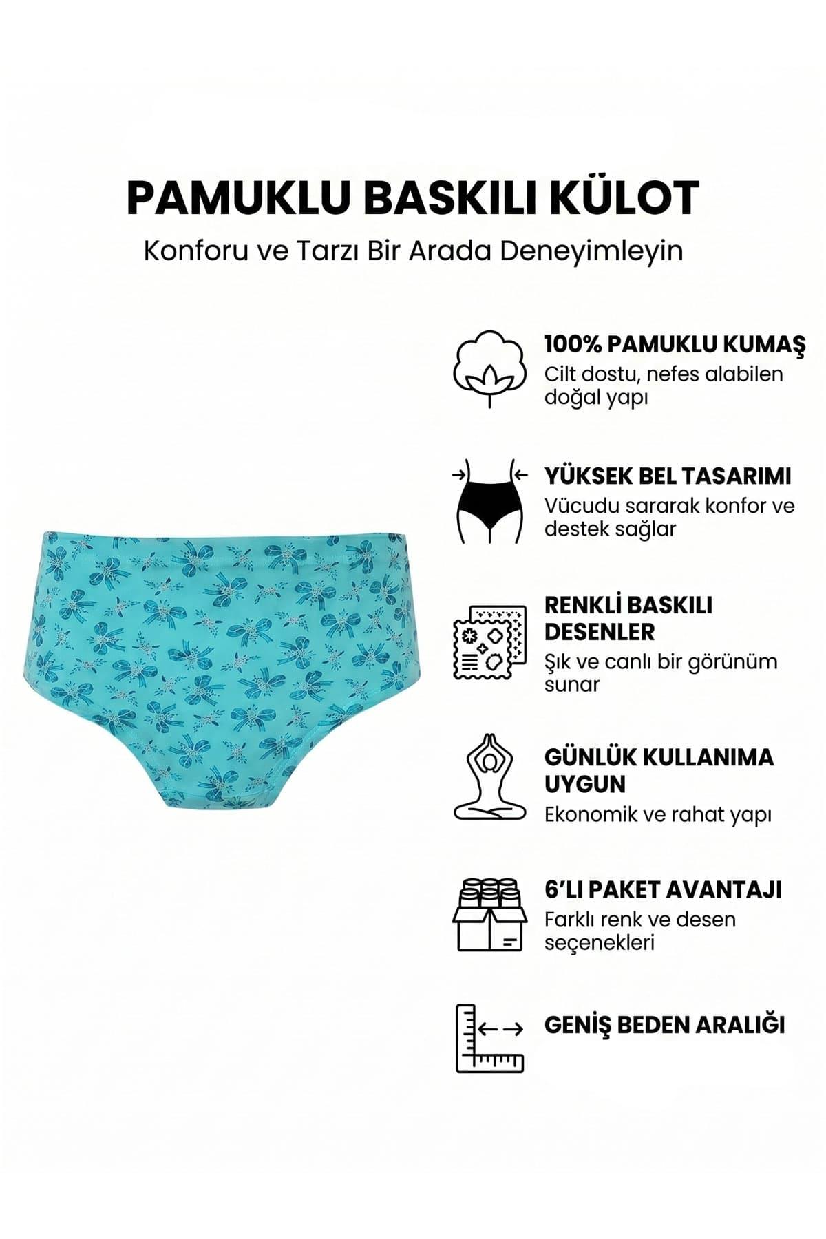 Seher İç Giyim 6lı Kadın Pamuklu Empirme Külot Yüksek Bel Bato