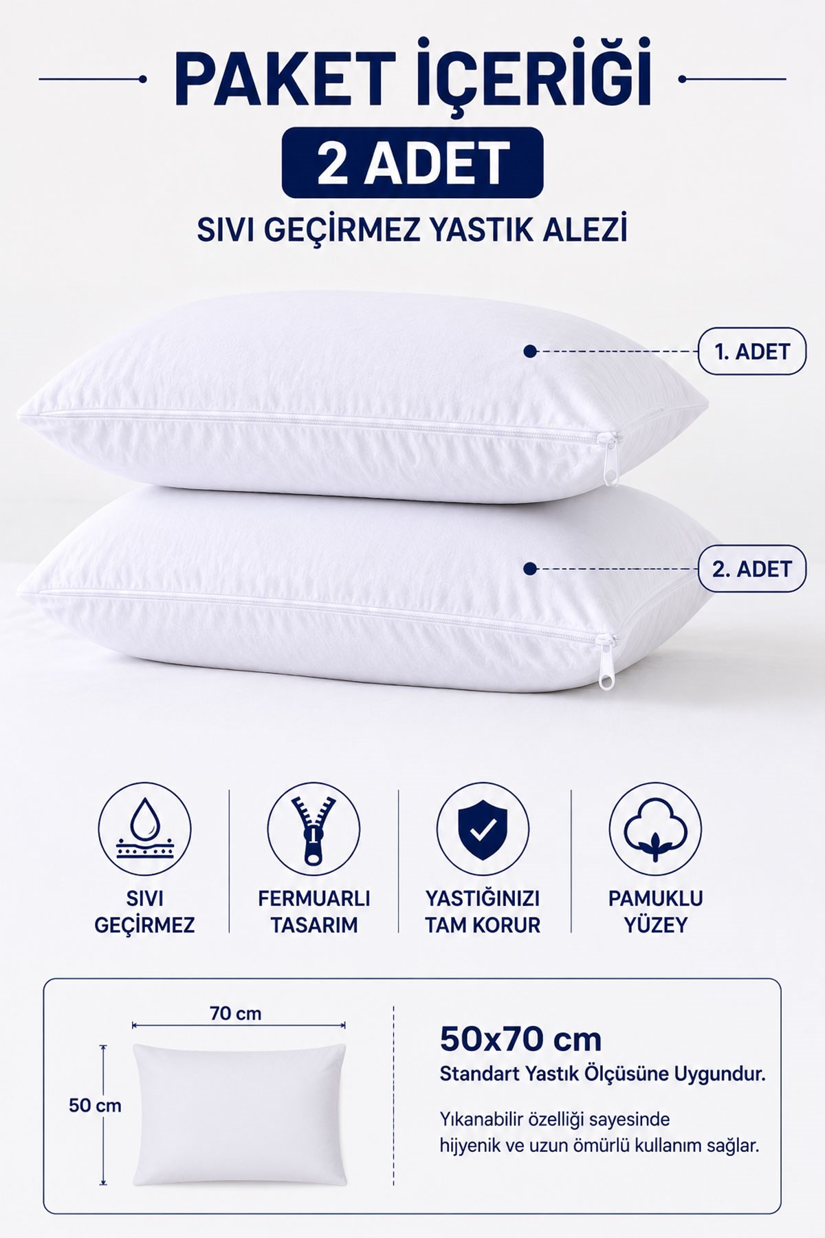 Sıvı Geçirmez Yastık Alezi 2'li 50x70 cm Pamuklu Fermuarlı PureSleep