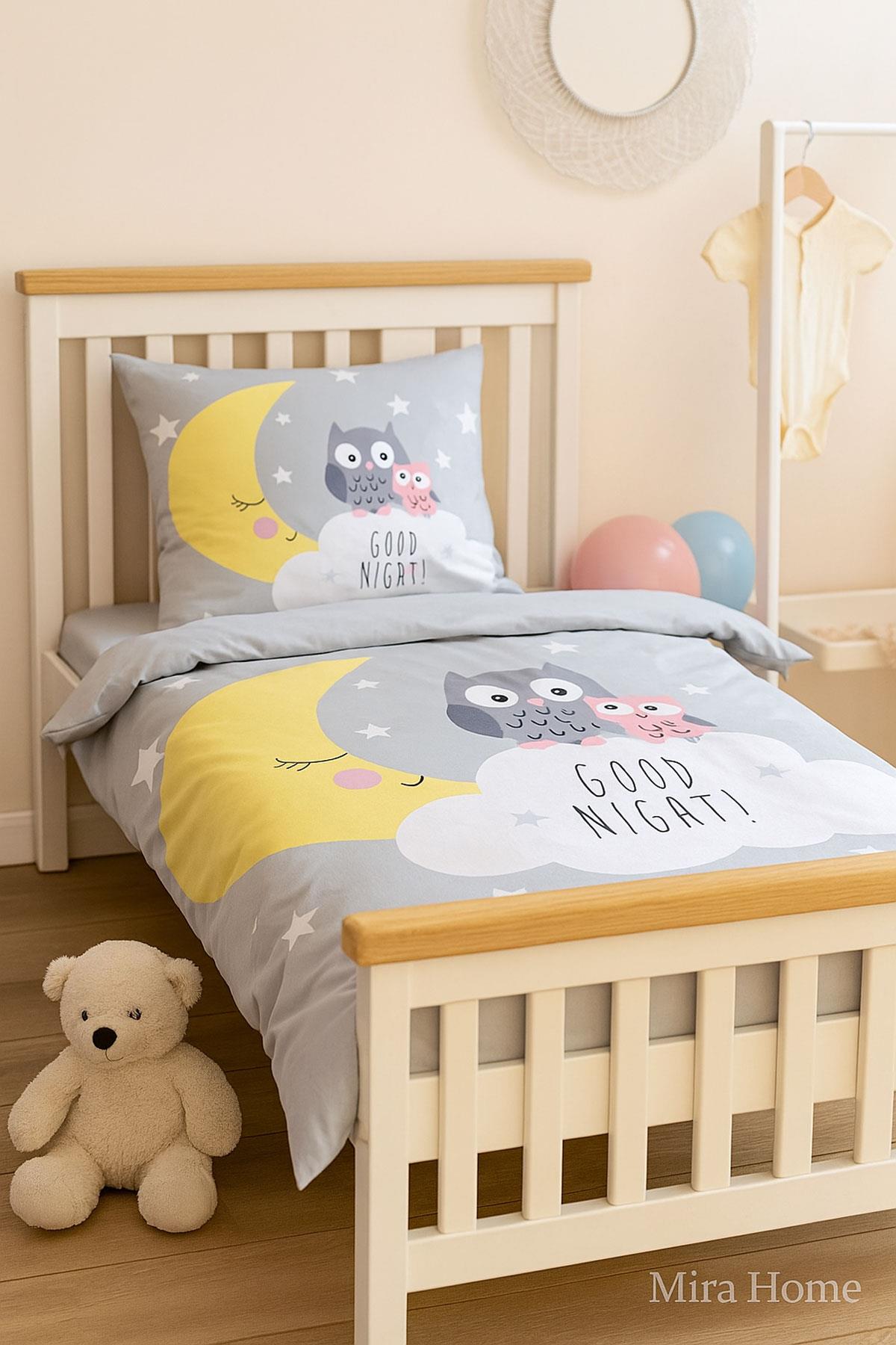 Yenidoğan Kız / Erkek Unisex Bebek Nevresim Takımı 3D Pamuklu Good Night Gri