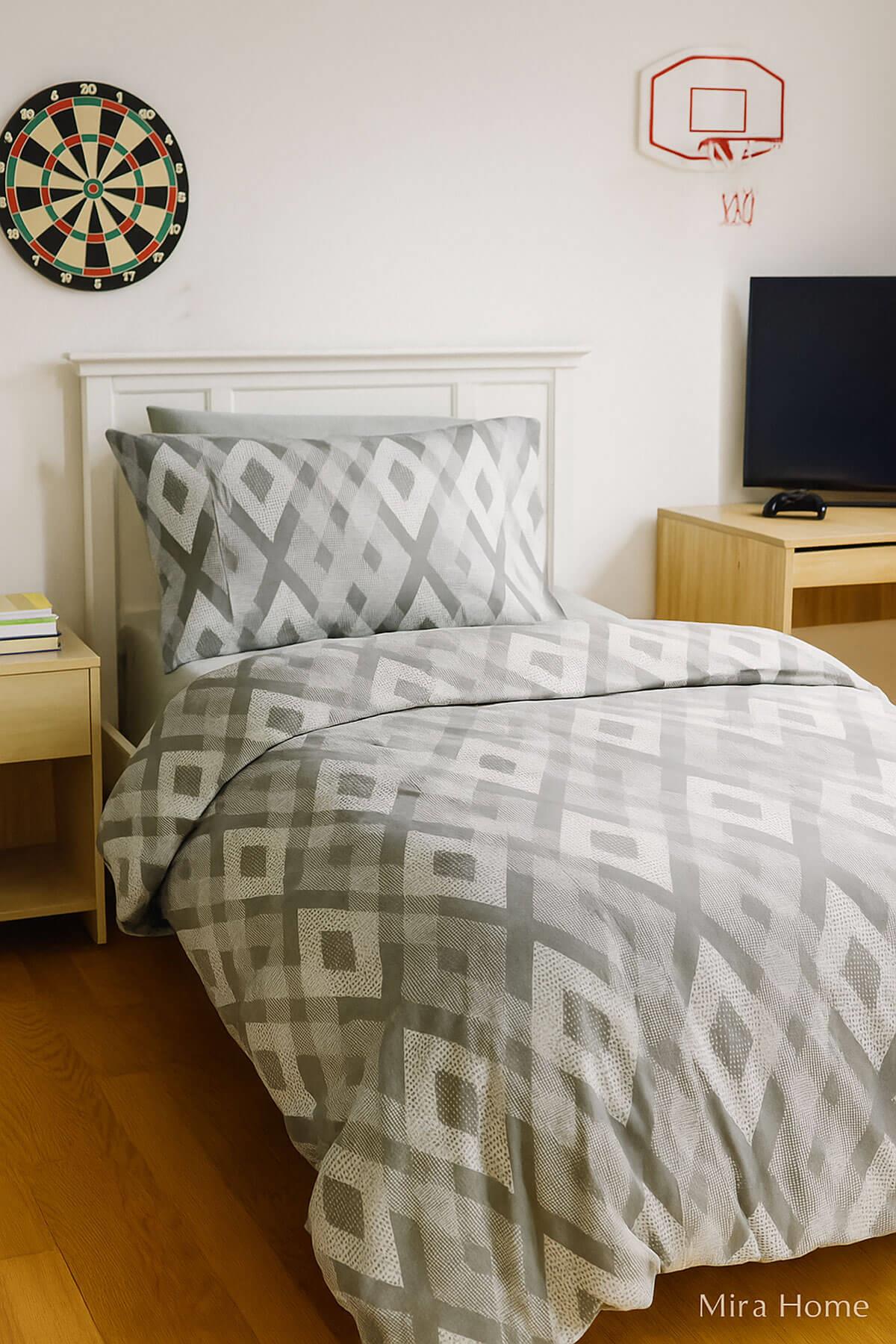 Zigzag Desenli Gri Pamuklu Tek Kişilik Nevresim Takımı