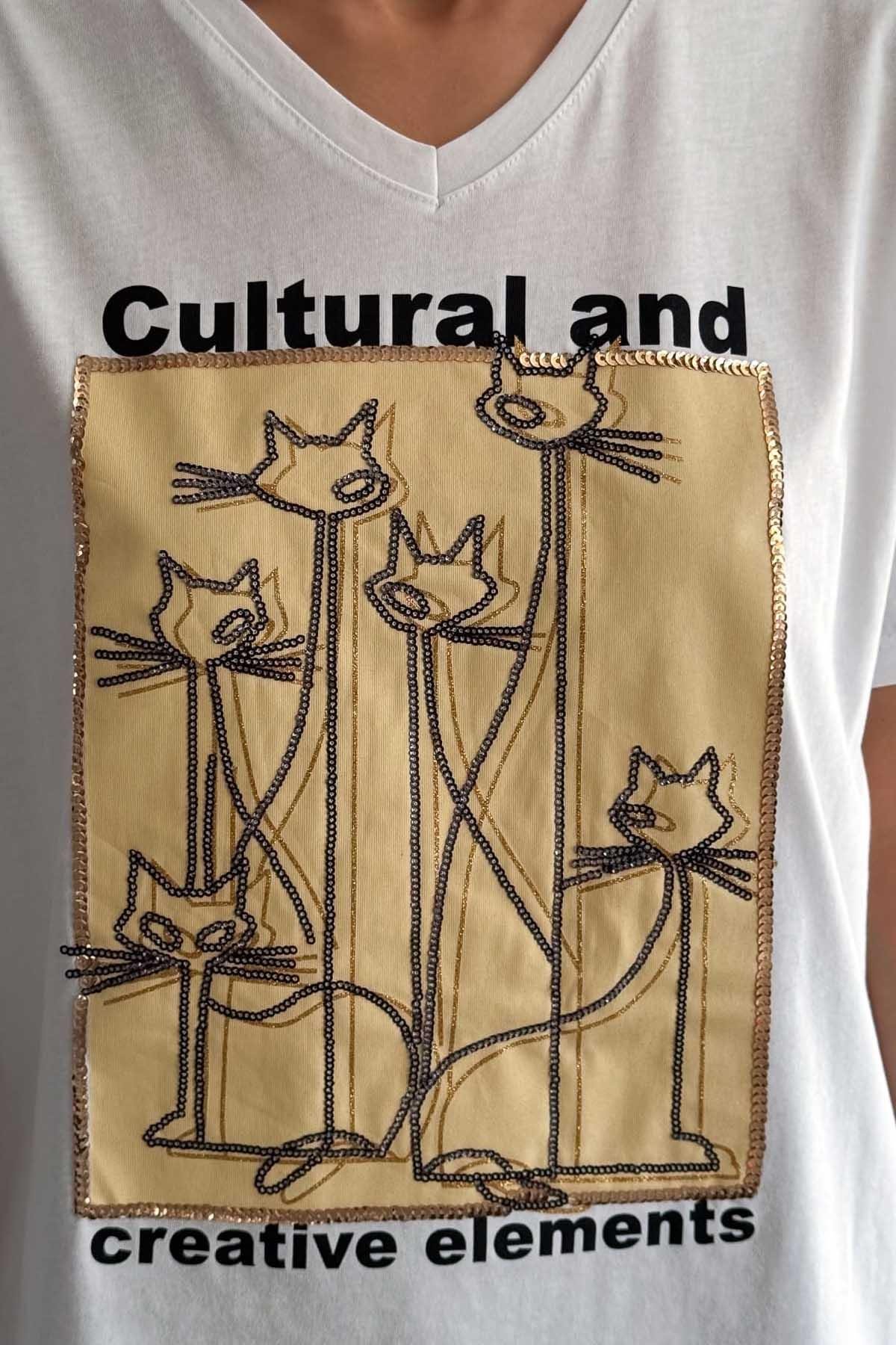 Cartoon Cats Desen V Yaka Büyük Beden Tasarım Tişört