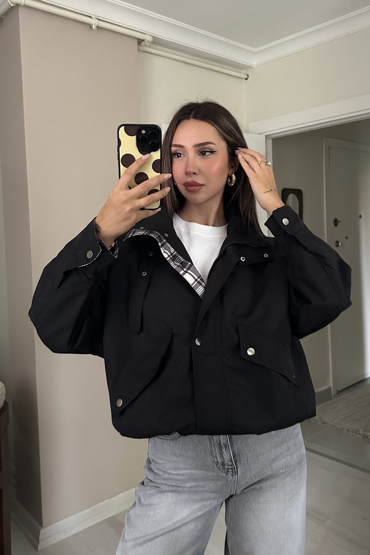Kadın Ekose Detaylı Tokalı Dik Yaka Fermuarlı Oversize Parka Ceket - SiyahCeketİSTANGÜL BUTİK