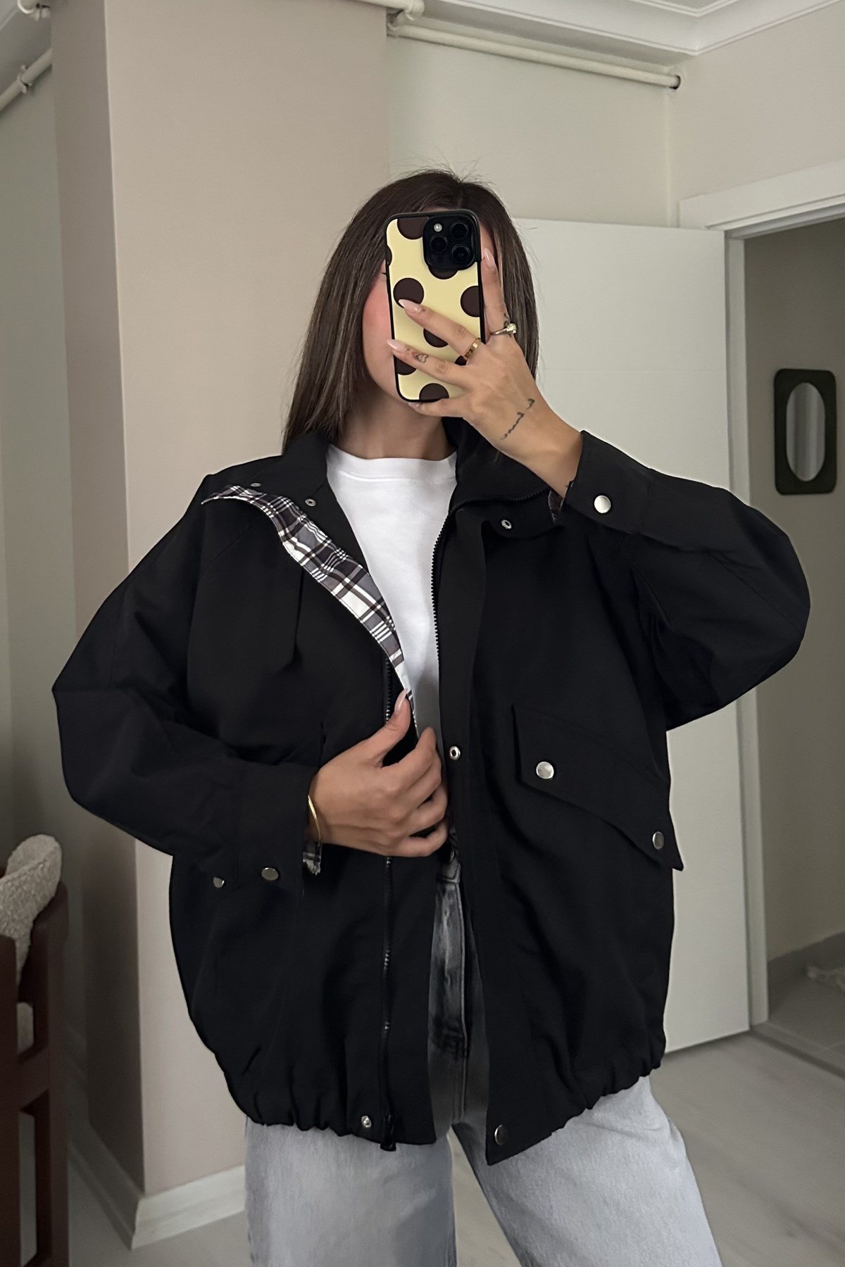 Kadın Ekose Detaylı Tokalı Dik Yaka Fermuarlı Oversize Parka Ceket - SiyahCeketİSTANGÜL BUTİK
