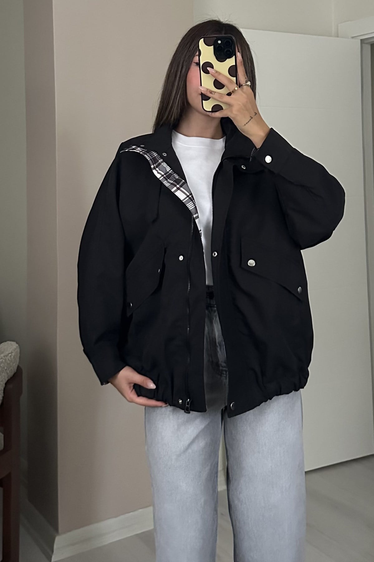 Kadın Ekose Detaylı Tokalı Dik Yaka Fermuarlı Oversize Parka Ceket - SiyahCeketİSTANGÜL BUTİK