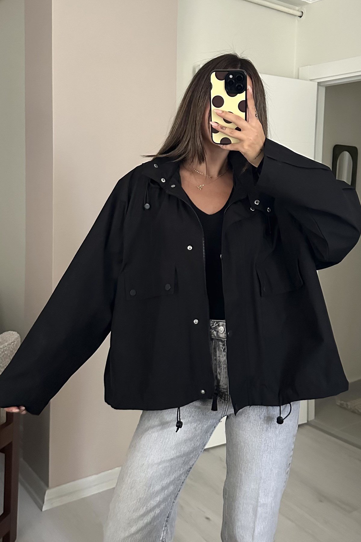 Kadın Kapüşonlu Pelerin Detaylı Oversize Parka CeketCeketİSTANGÜL BUTİK