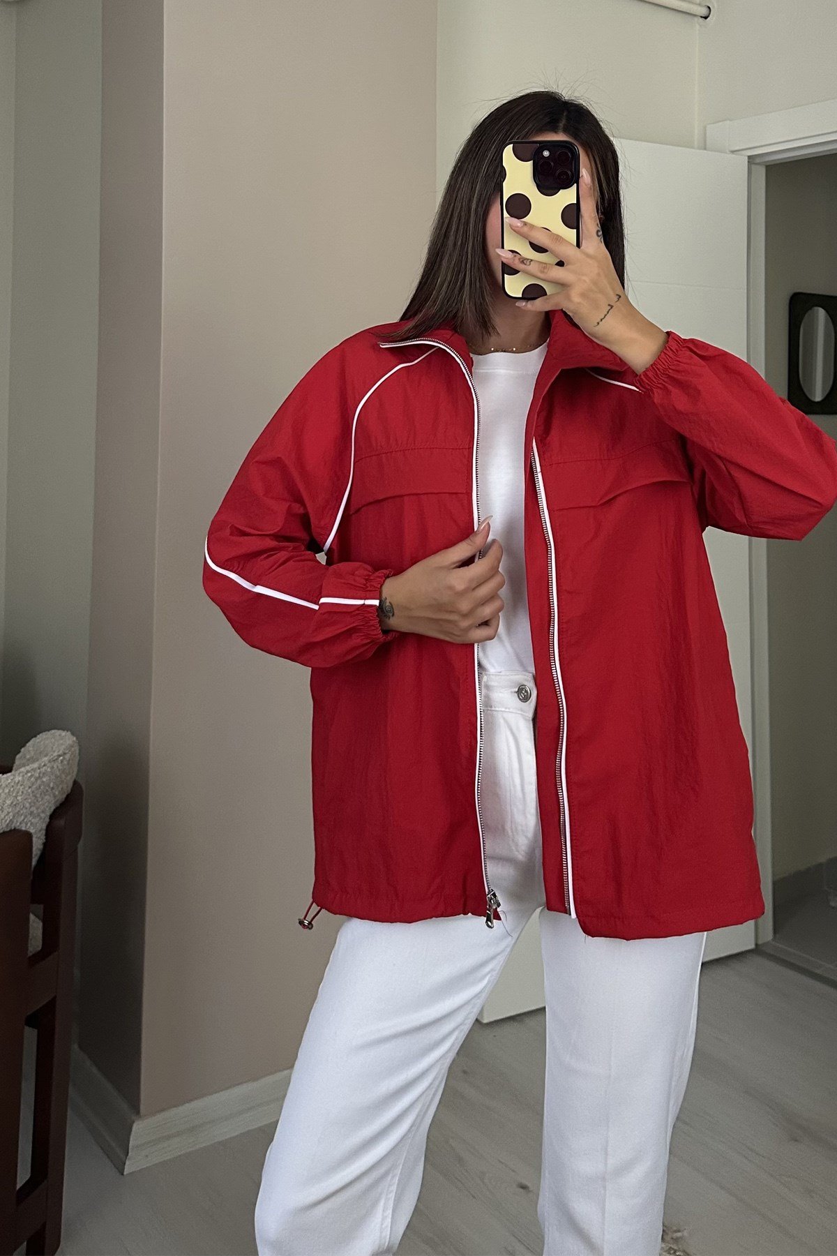 Kadın Kontrast Biye Detaylı Fermuarlı Dik Yaka Oversize CeketCeketİSTANGÜL BUTİK