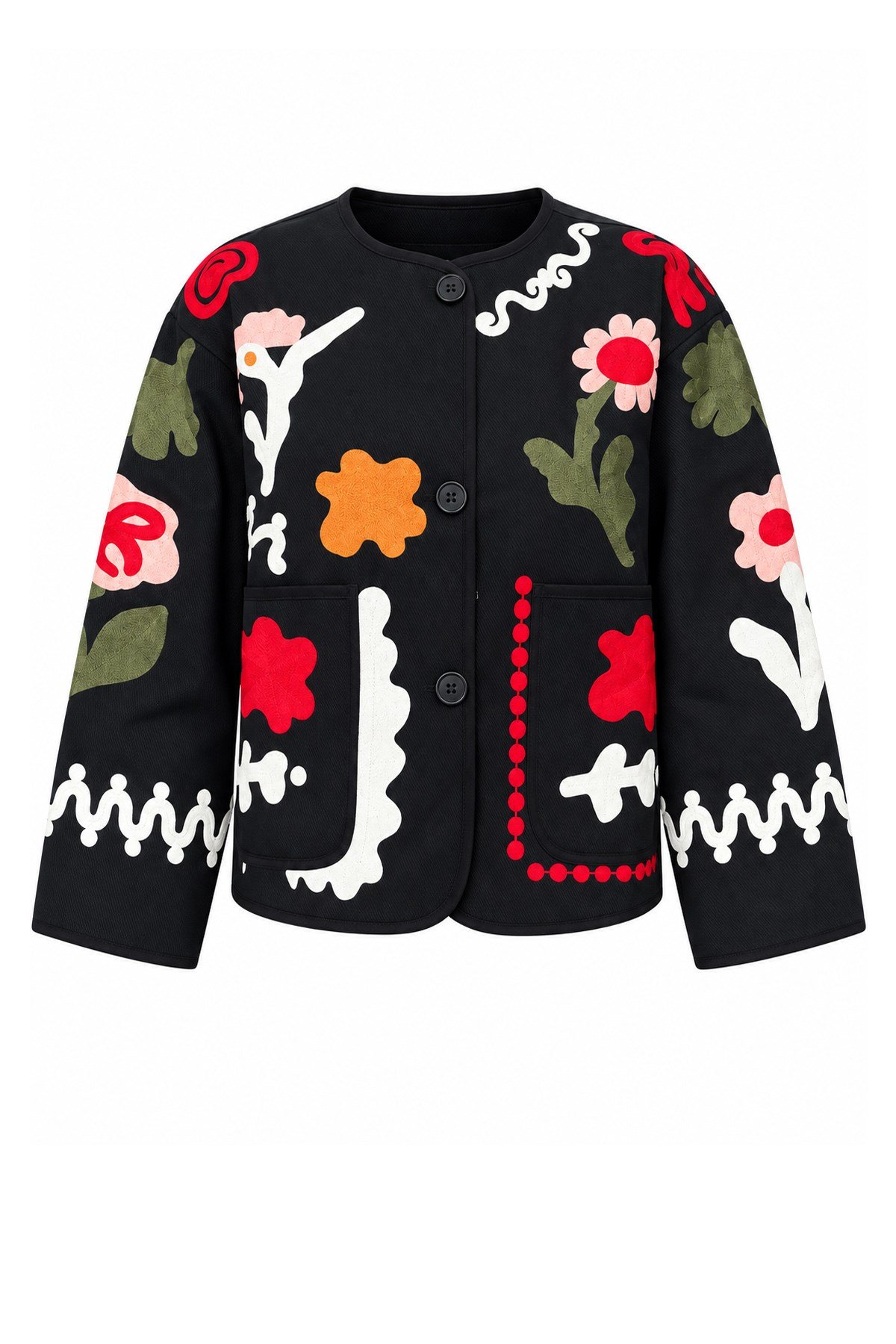 Kadın Floral Motif İşlemeli Bisiklet Yaka Cepli Tasarım Ceket - SiyahCeketİSTANGÜL BUTİK