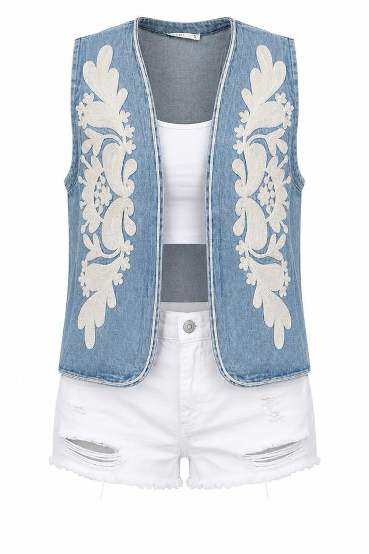 Alaçatı Kordon Nakışlı Açık Mavi Denim YelekCeketİSTANGÜL BUTİK