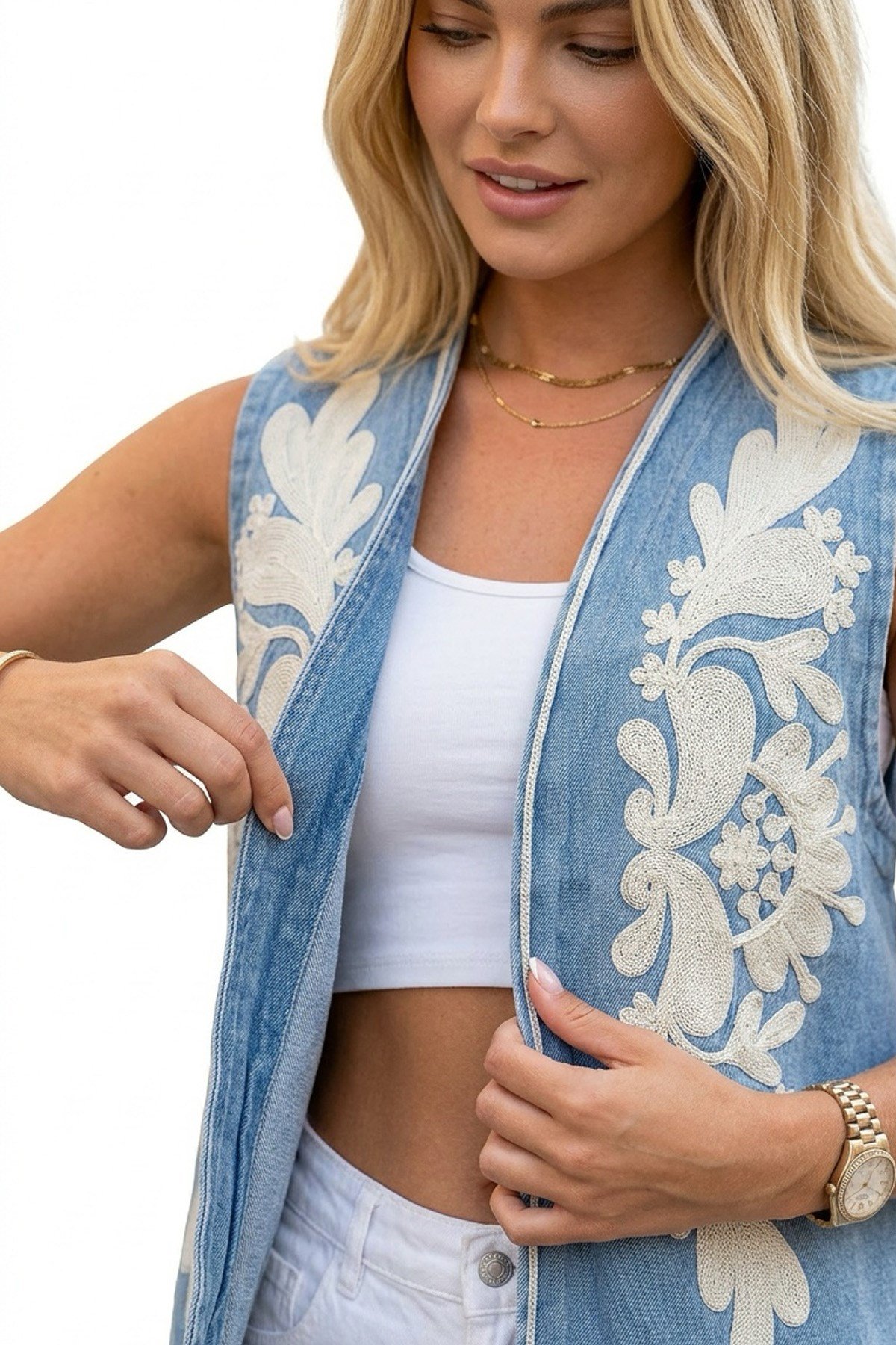 Alaçatı Kordon Nakışlı Açık Mavi Denim YelekCeketİSTANGÜL BUTİK