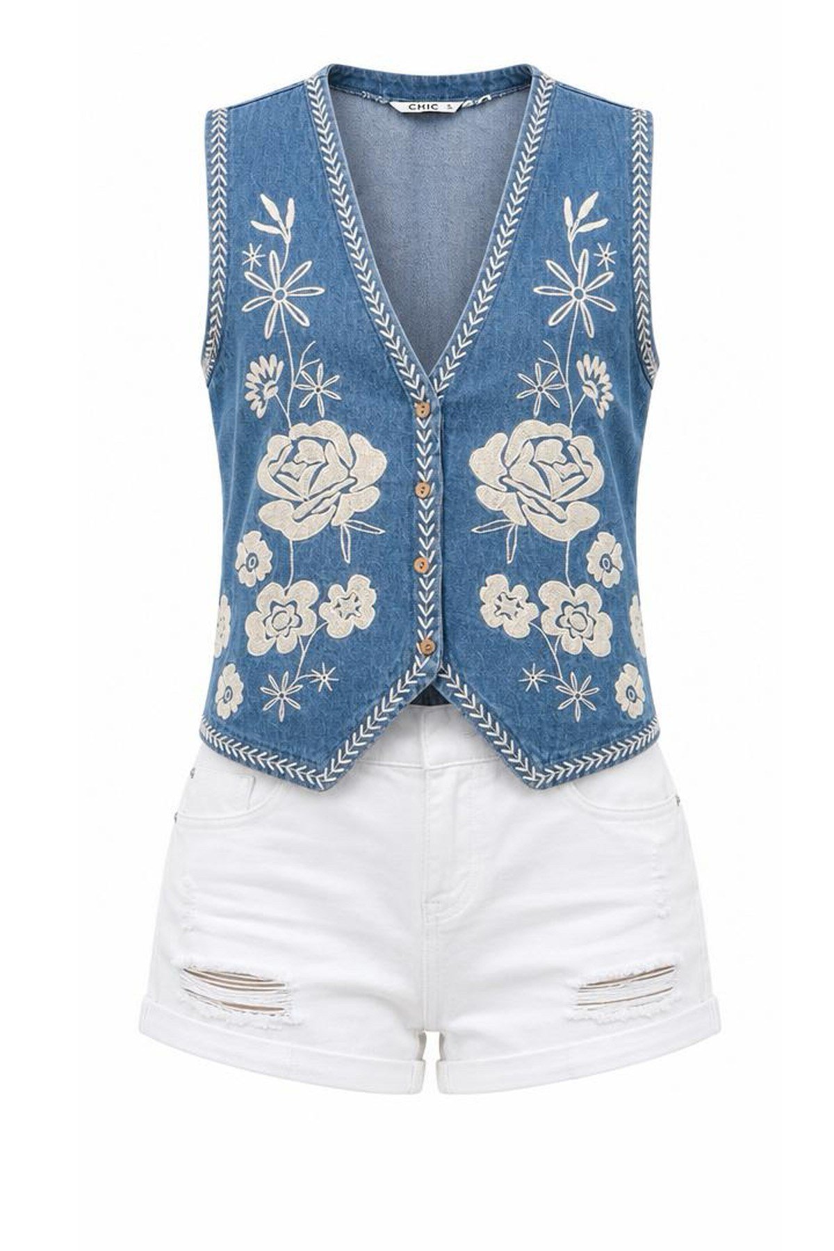 Alaçatı Çiçek Nakışlı Denim Kadın YelekCeketİSTANGÜL BUTİK