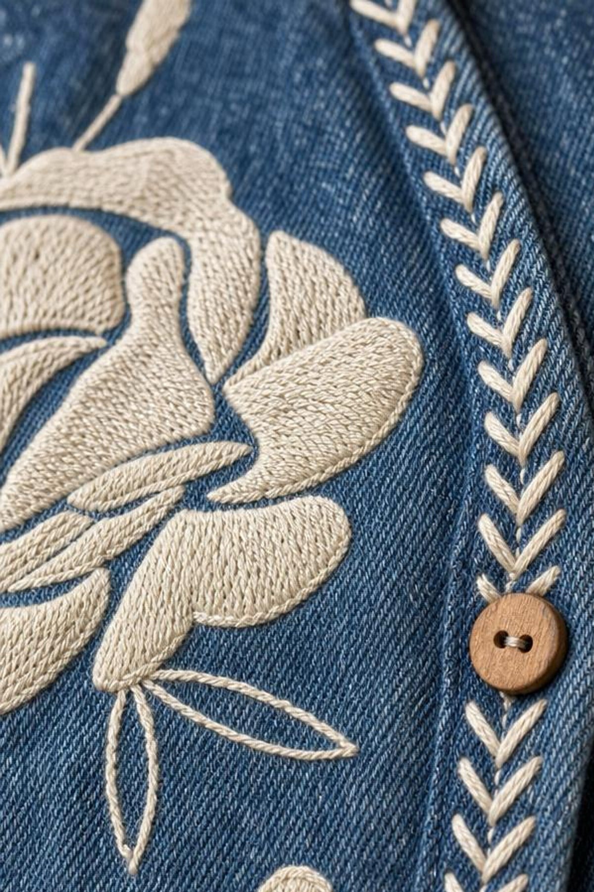 Alaçatı Çiçek Nakışlı Denim Kadın YelekCeketİSTANGÜL BUTİK
