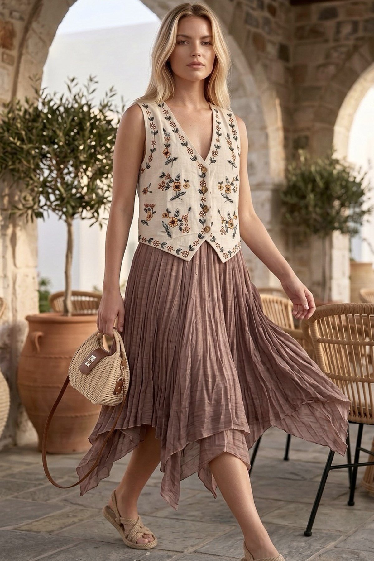 Alaçatı Çiçek Nakışlı Vintage Kadın YelekCeketİSTANGÜL BUTİK