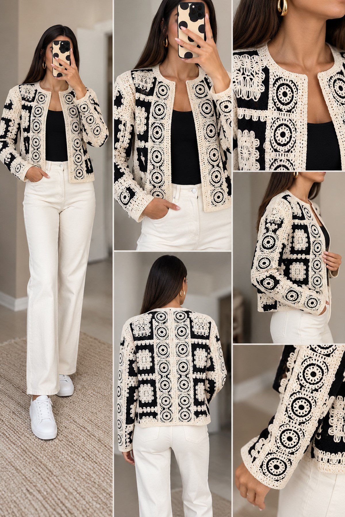 Premium Tasarım Siyah Krem El İşi Görünümlü Patchwork Kroşe HırkaHırkaİSTANGÜL BUTİK
