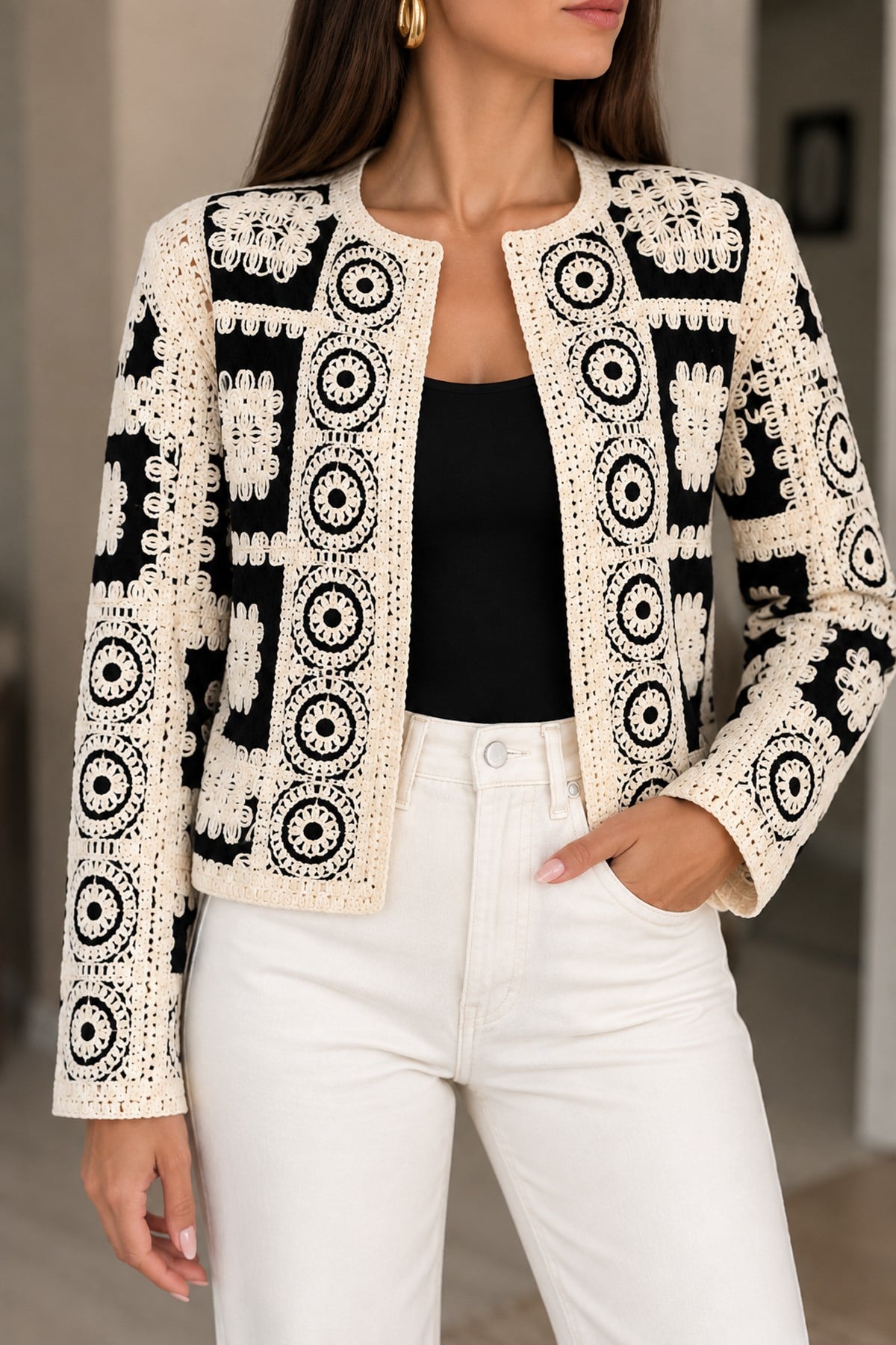 Premium Tasarım Siyah Krem El İşi Görünümlü Patchwork Kroşe HırkaHırkaİSTANGÜL BUTİK
