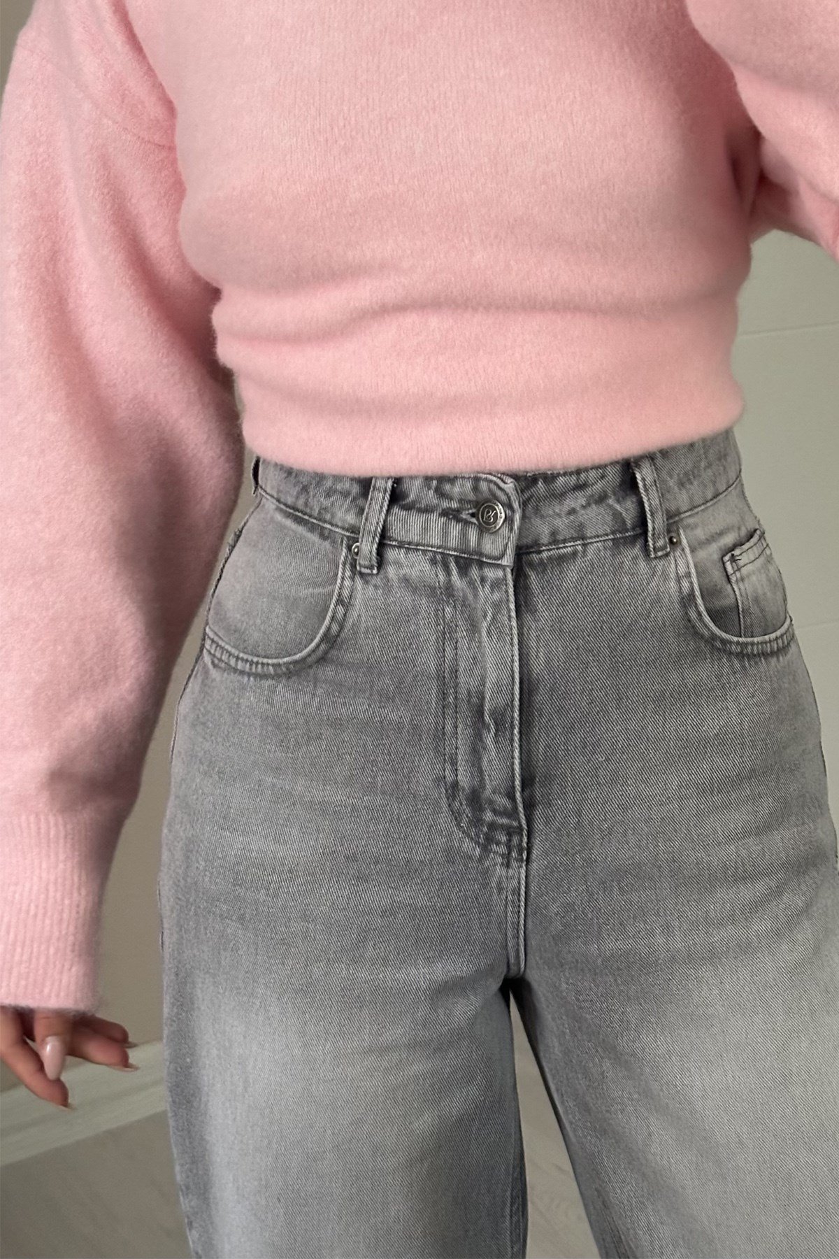 Kadın Yüksek Bel Vintage Yıkamalı Skater Gri Jean PantolonJeanİSTANGÜL BUTİK