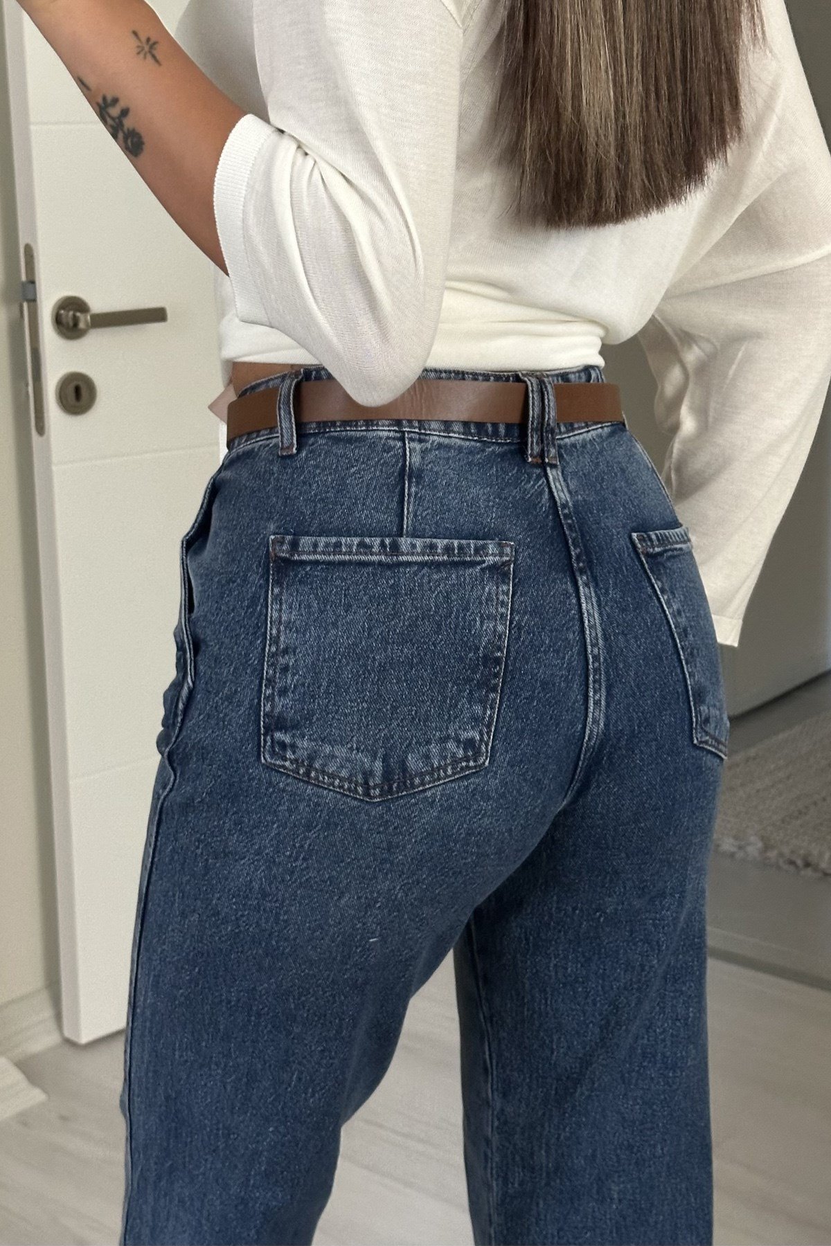 Kadın Kemer Dahil Yüksek Bel Straight Leg Jean Pantolon - MaviJeanİSTANGÜL BUTİK