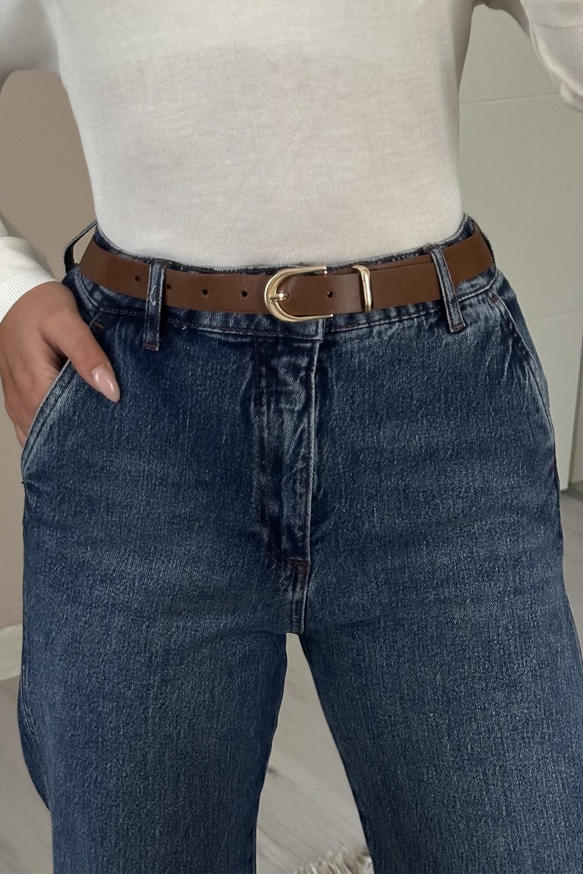 Kadın Kemer Dahil Yüksek Bel Straight Leg Jean Pantolon - MaviJeanİSTANGÜL BUTİK
