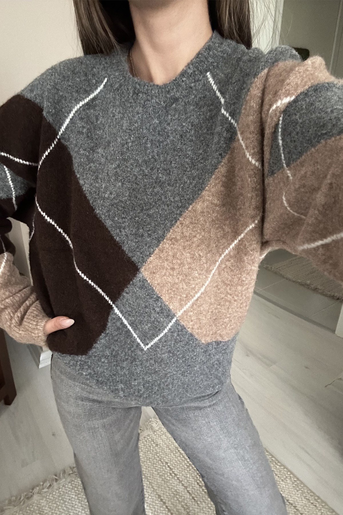 Kadın Bisiklet Yaka Baklava Desenli Oversize Yumoş Triko Kazak - Gri Kadın Baklava Desenli Oversize İpekli Yumoş Triko KazakTriko&KazakİSTANGÜL BUTİK