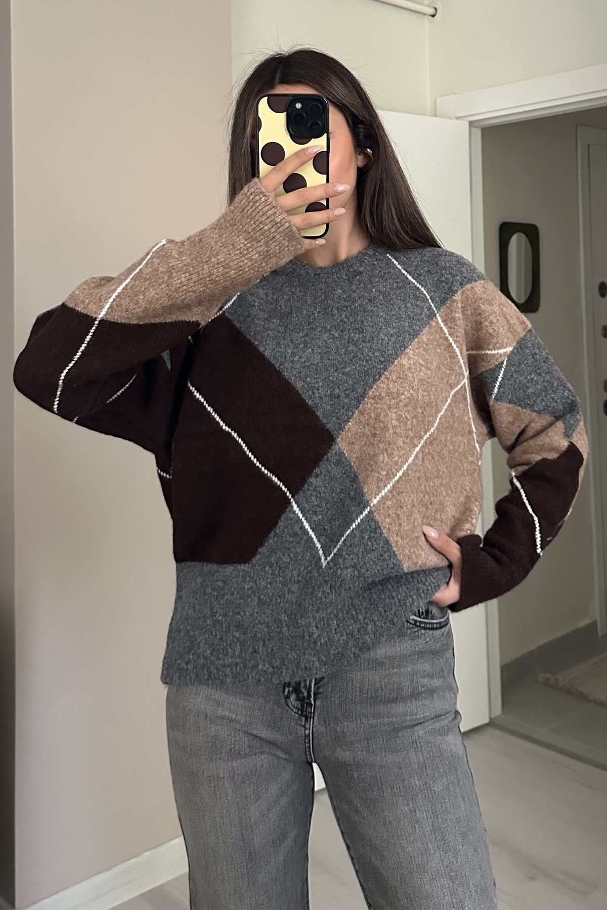 Kadın Bisiklet Yaka Baklava Desenli Oversize Yumoş Triko Kazak - Gri Kadın Baklava Desenli Oversize İpekli Yumoş Triko KazakTriko&KazakİSTANGÜL BUTİK