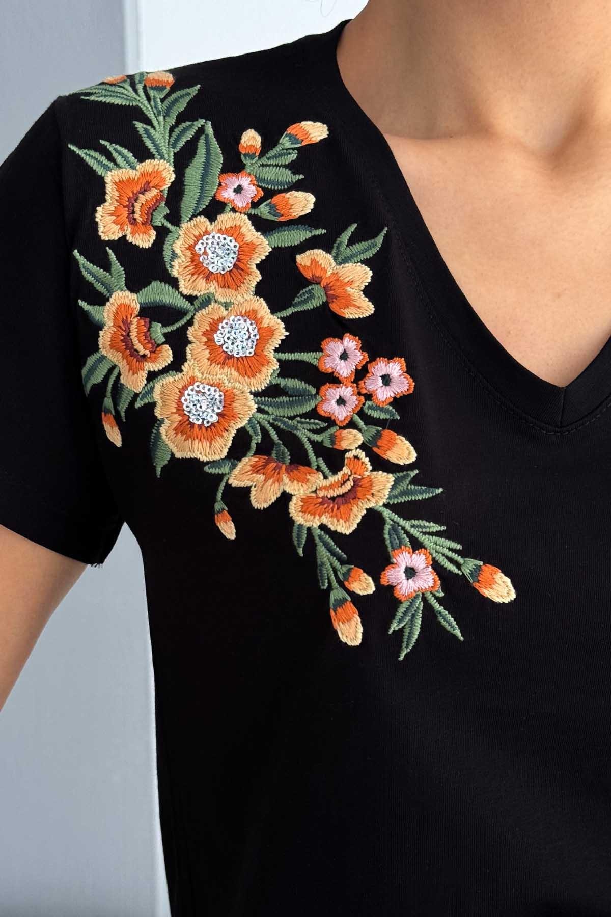 Orange Flower V Yaka Tasarım Tişört