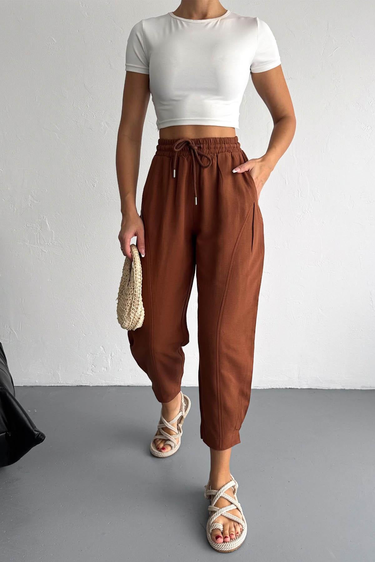 Paça ve Cep Detay Pamuklu Keten Rahat Pantolon