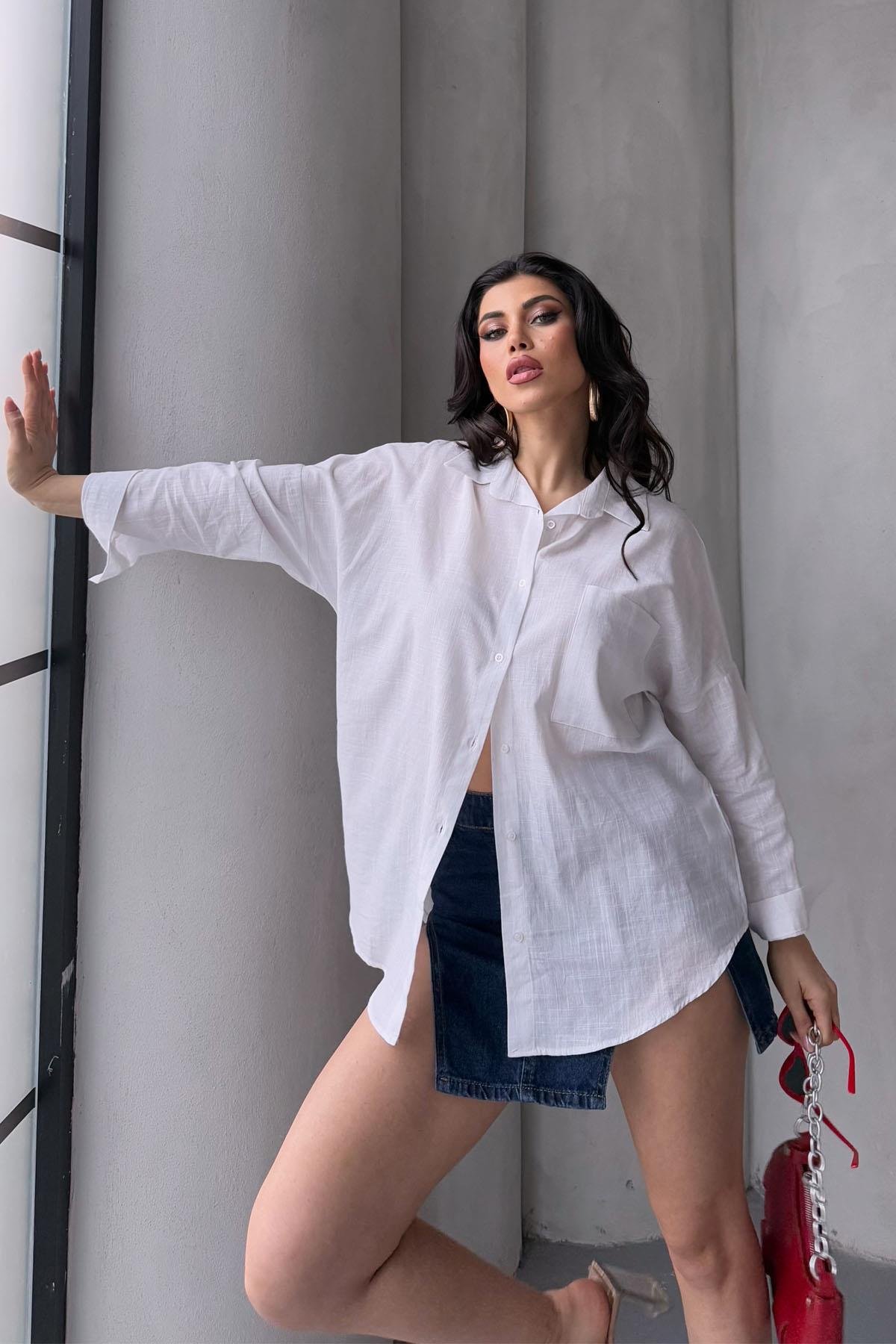 Pamuklu Keten Salaş Boyfriend Gömlek