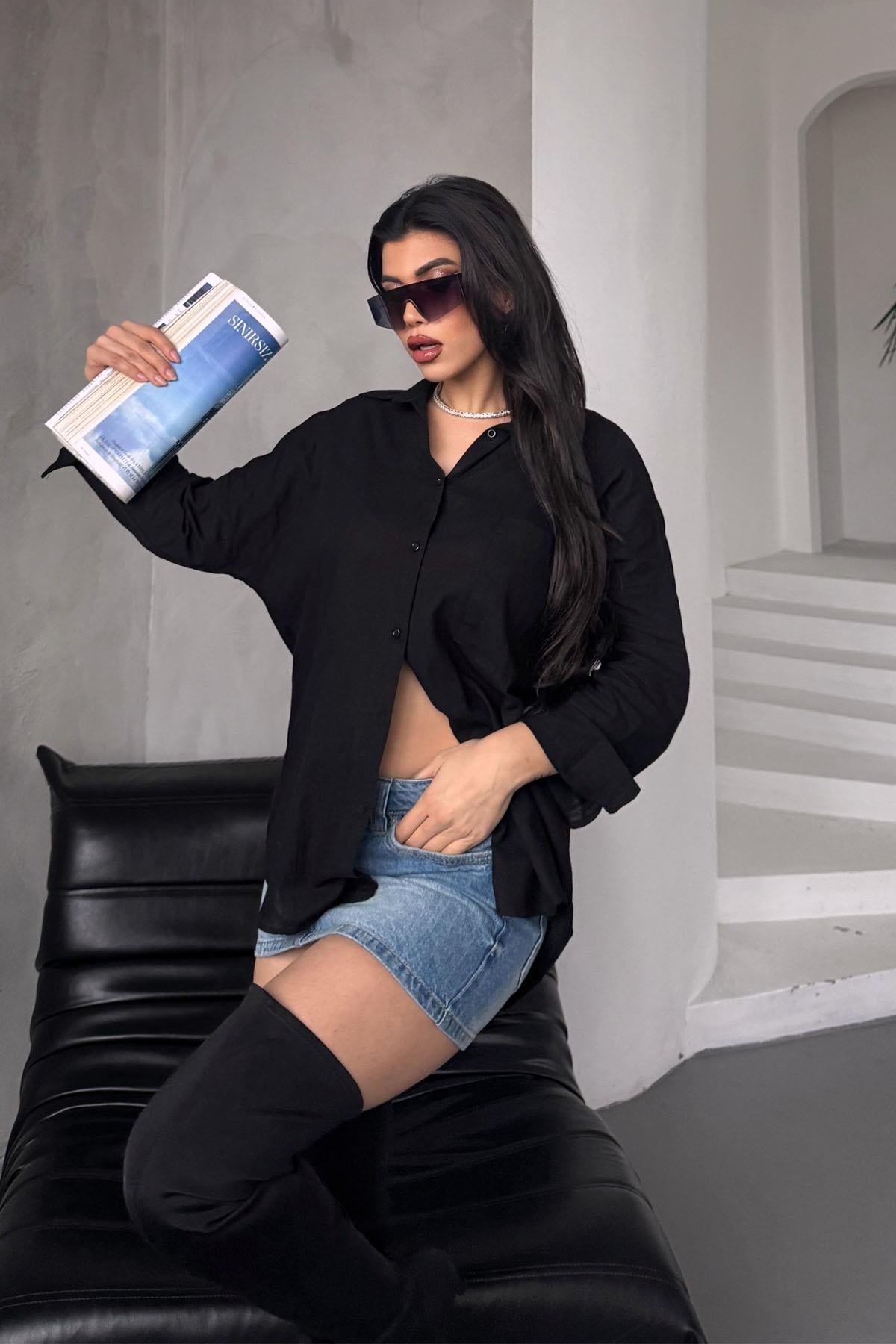 Pamuklu Keten Salaş Boyfriend Gömlek