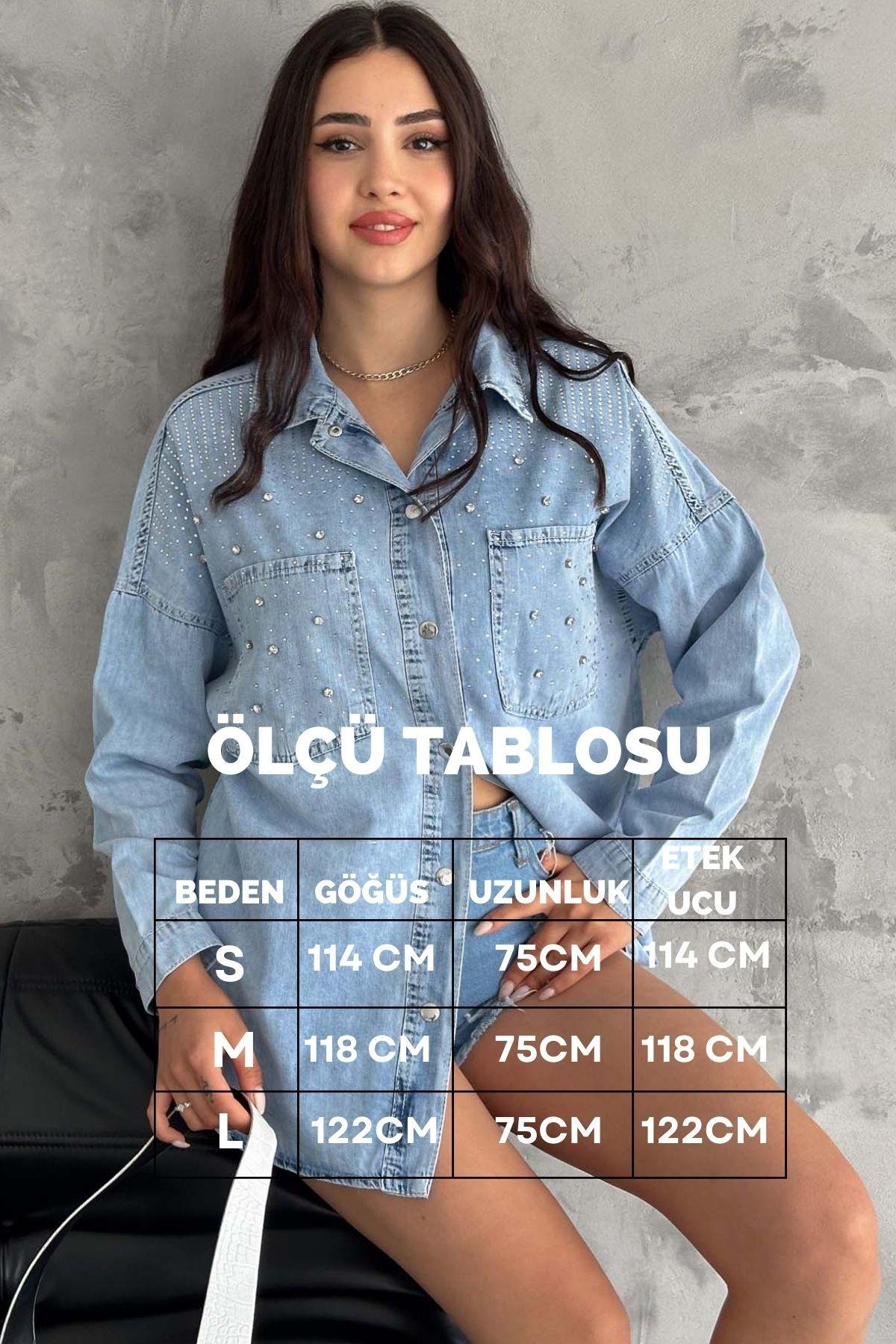 Taş İşleme Tasarım Tensel Kot Gömlek
