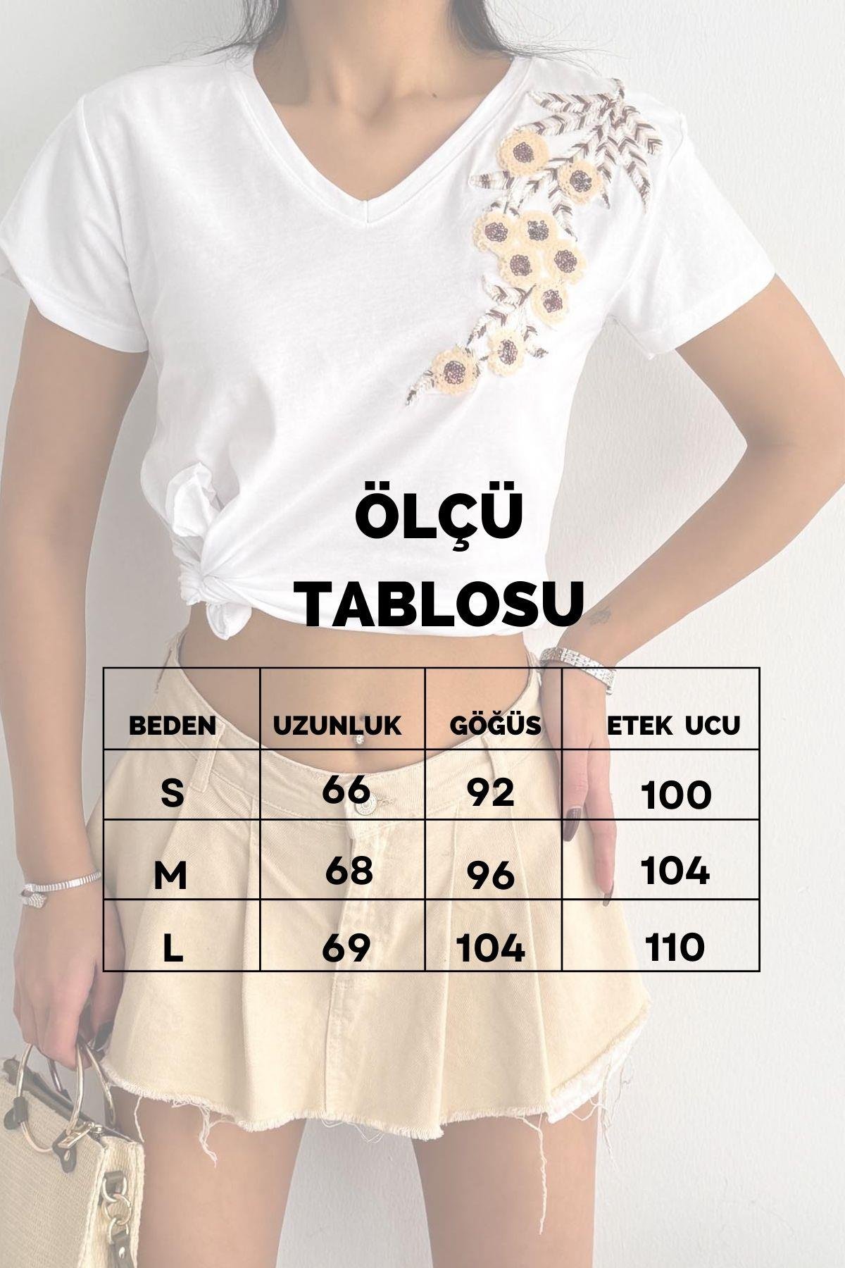 Tek Omuz Nakış ve Pul V Yaka Tasarım Tişört