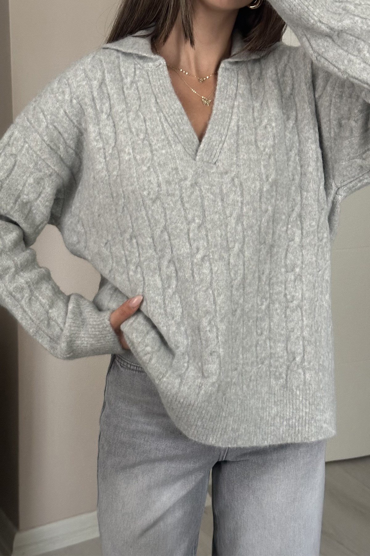 Kadın Polo Yaka Saç Örgü Desenli Oversize Yumoş Triko Kazak - GriTriko&KazakİSTANGÜL BUTİK