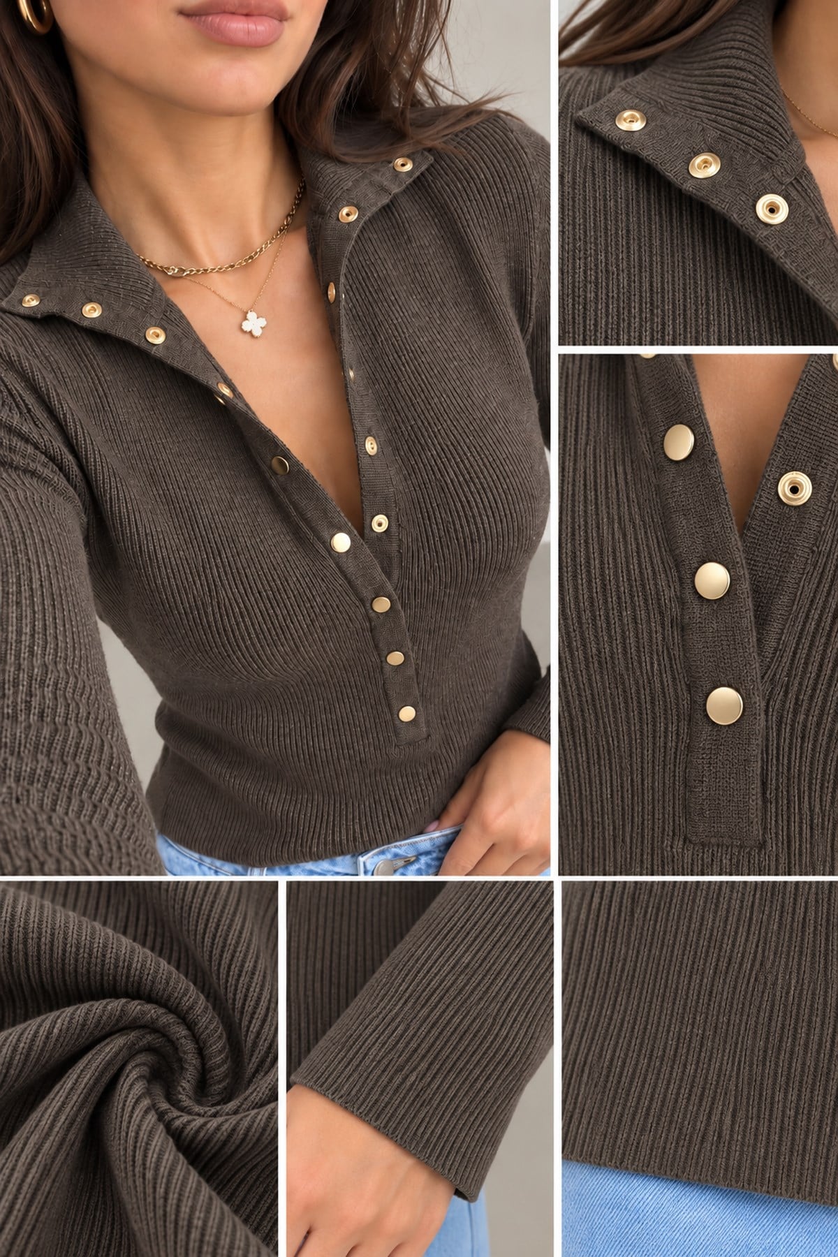 Ürgüp Gold Çıtçıtlı Polo Yaka Fitilli Triko Bluz - KahveÜrgüp Gold Çıtçıtlı Polo Yaka Fitilli Triko Bluz | İstangül ButikTriko&KazakİSTANGÜL BUTİK