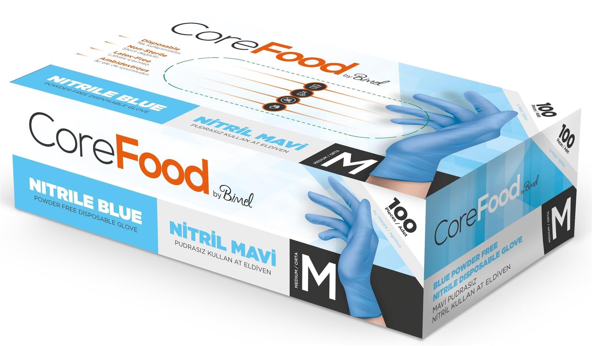 CoreFood Nitril Eldiven Pudrasız Mavi Medium 100'lü