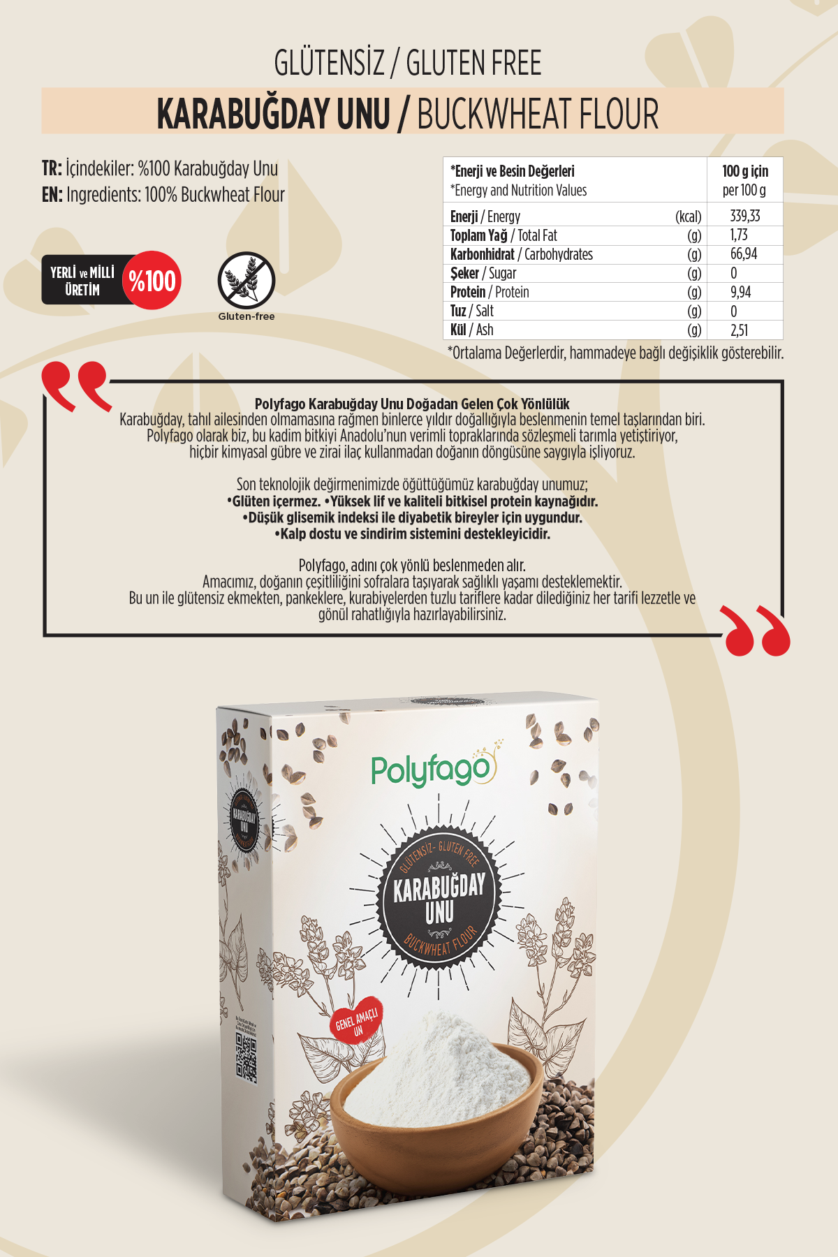Polyfago Glutensiz Karabuğday Genel Amaçlı Un 500 gr