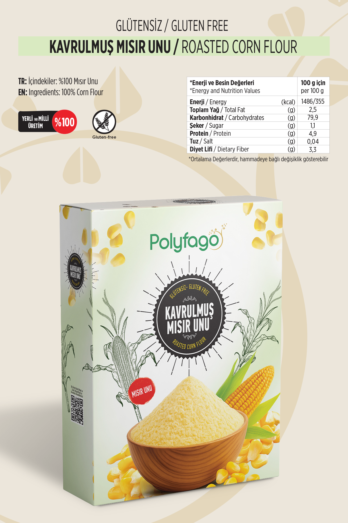Polyfago Glutensiz Kavrulmuş Mısır Unu 500 gr