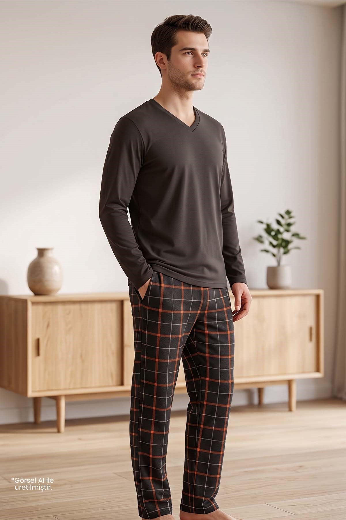 Erkek Antrasit Uzun Kollu Pijama Takımı