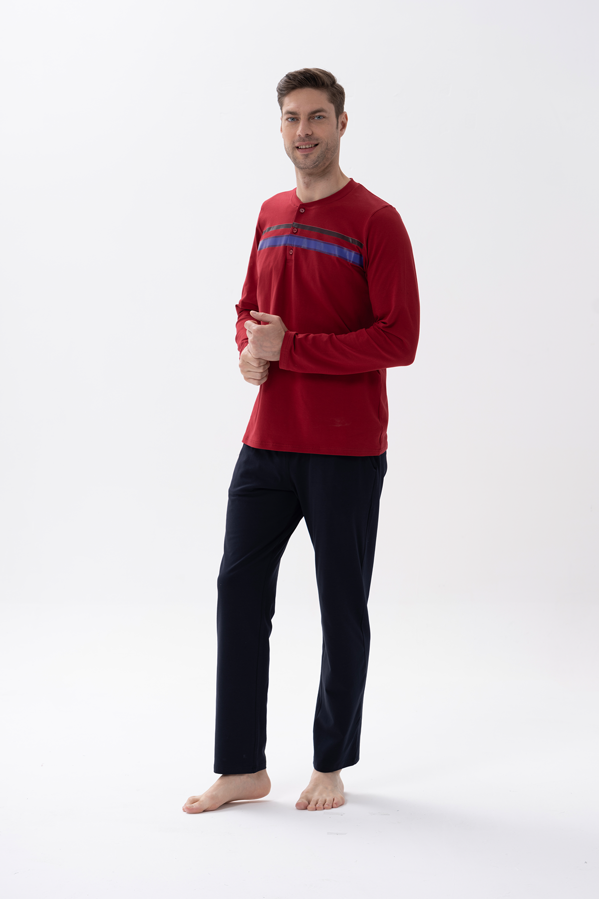 Erkek Bordo  Düğmeli Pijama Takımı 15158  