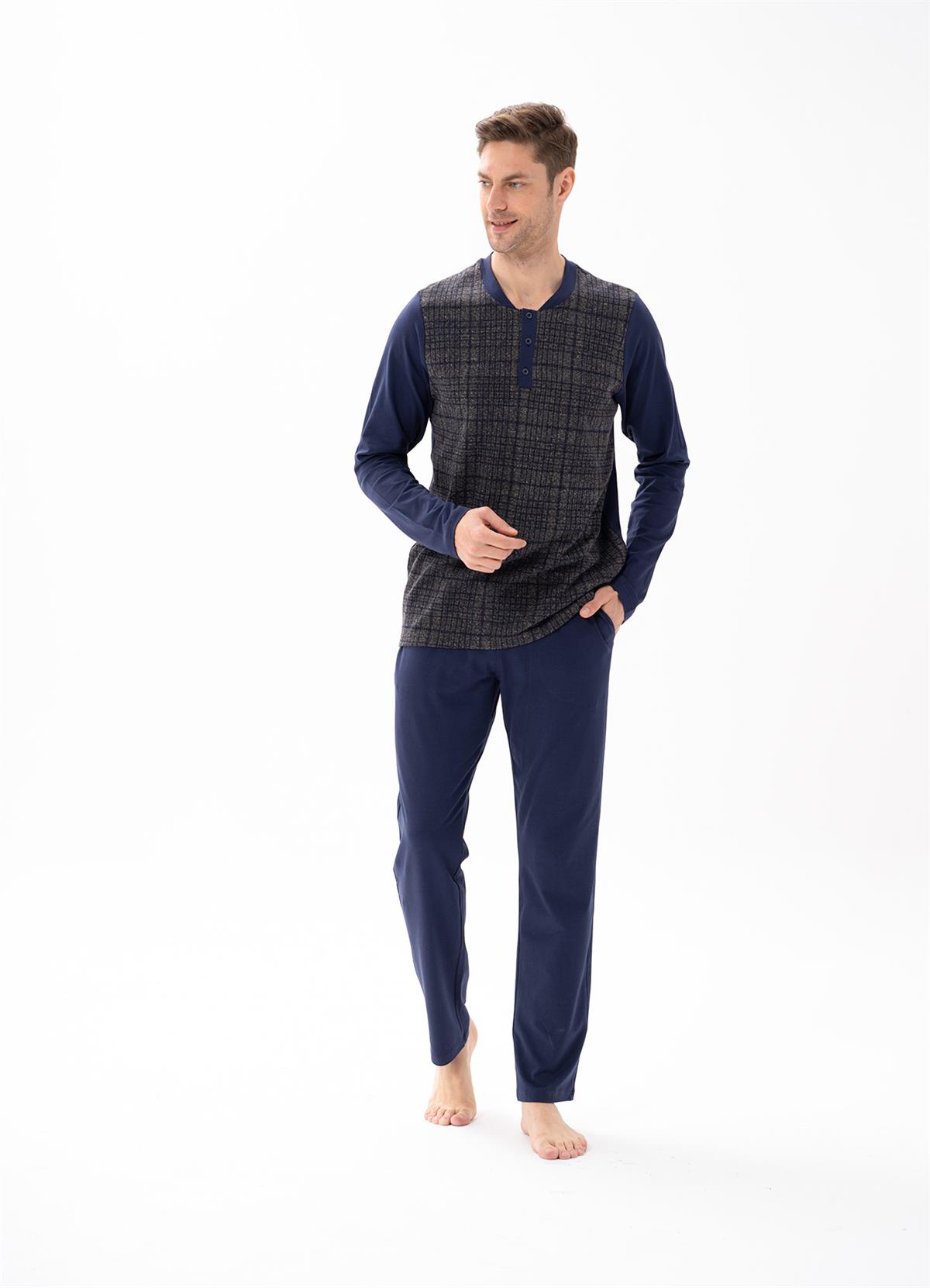 Erkek Ekose Desen Düğmeli Pijama Takımı 15152 Lacivert  JBR15152.00001