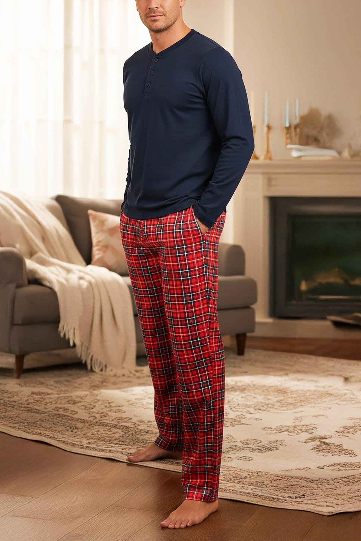 Erkek Lacivert Patlı Düğmeli Pijama Takımı 15303