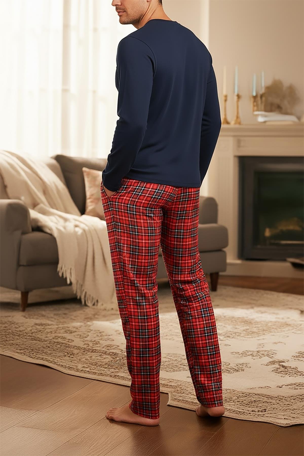 Erkek Lacivert Patlı Düğmeli Pijama Takımı 15303