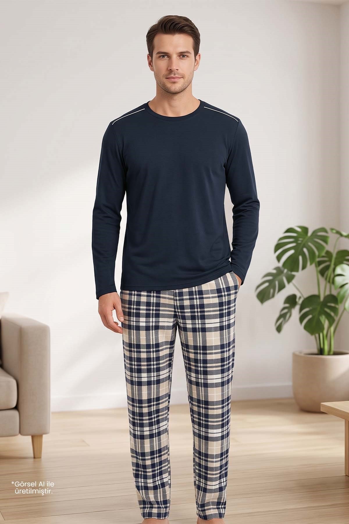 Erkek Lacivert Uzun Kollu Pijama Takımı