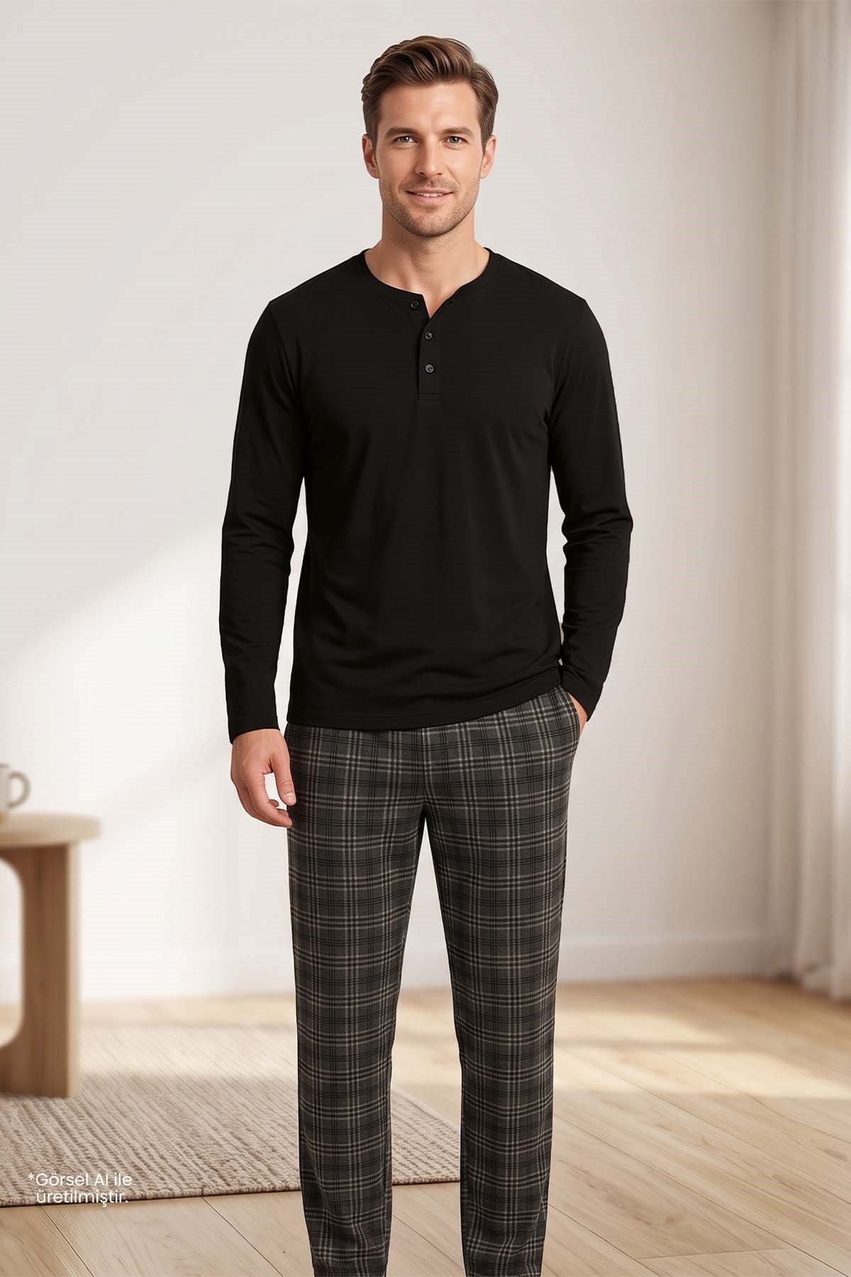 Erkek Siyah Uzun Kollu Patlı Pijama Takımı