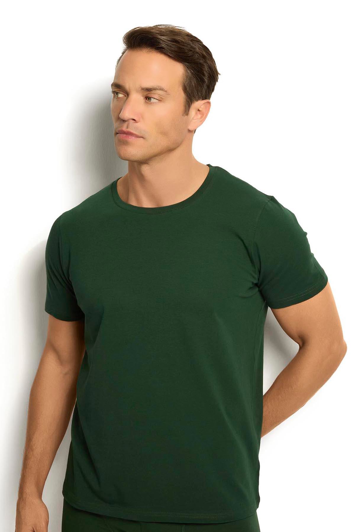 Erkek Yeşil Pamuklu Likralı T-Shirt 133